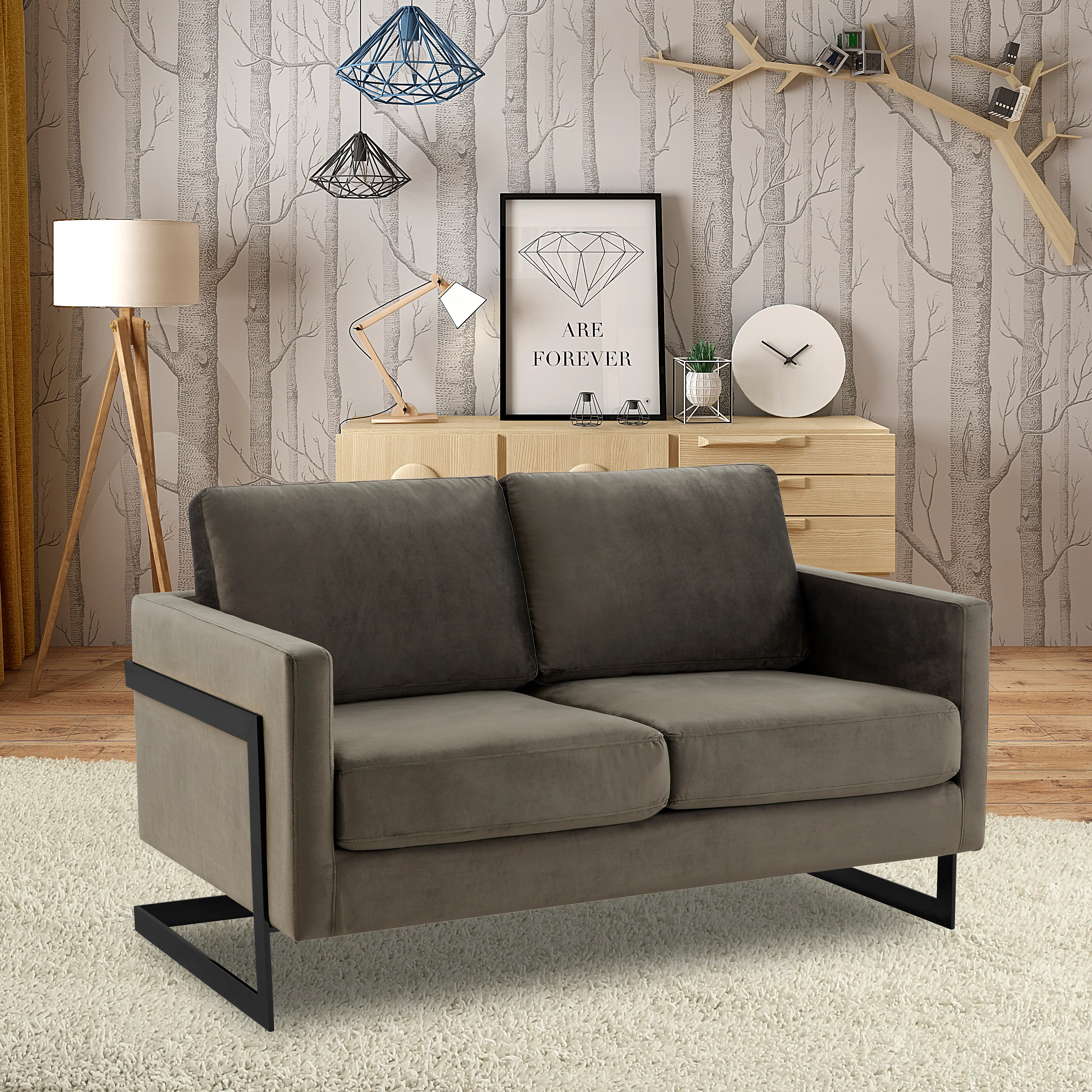Lincoln Dark Grey Velvet Loveseat With Black Frame