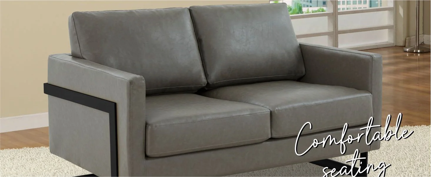 Lincoln Grey Leather Loveseat With Black Frame