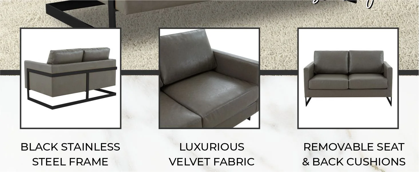 Lincoln Grey Leather Loveseat With Black Frame