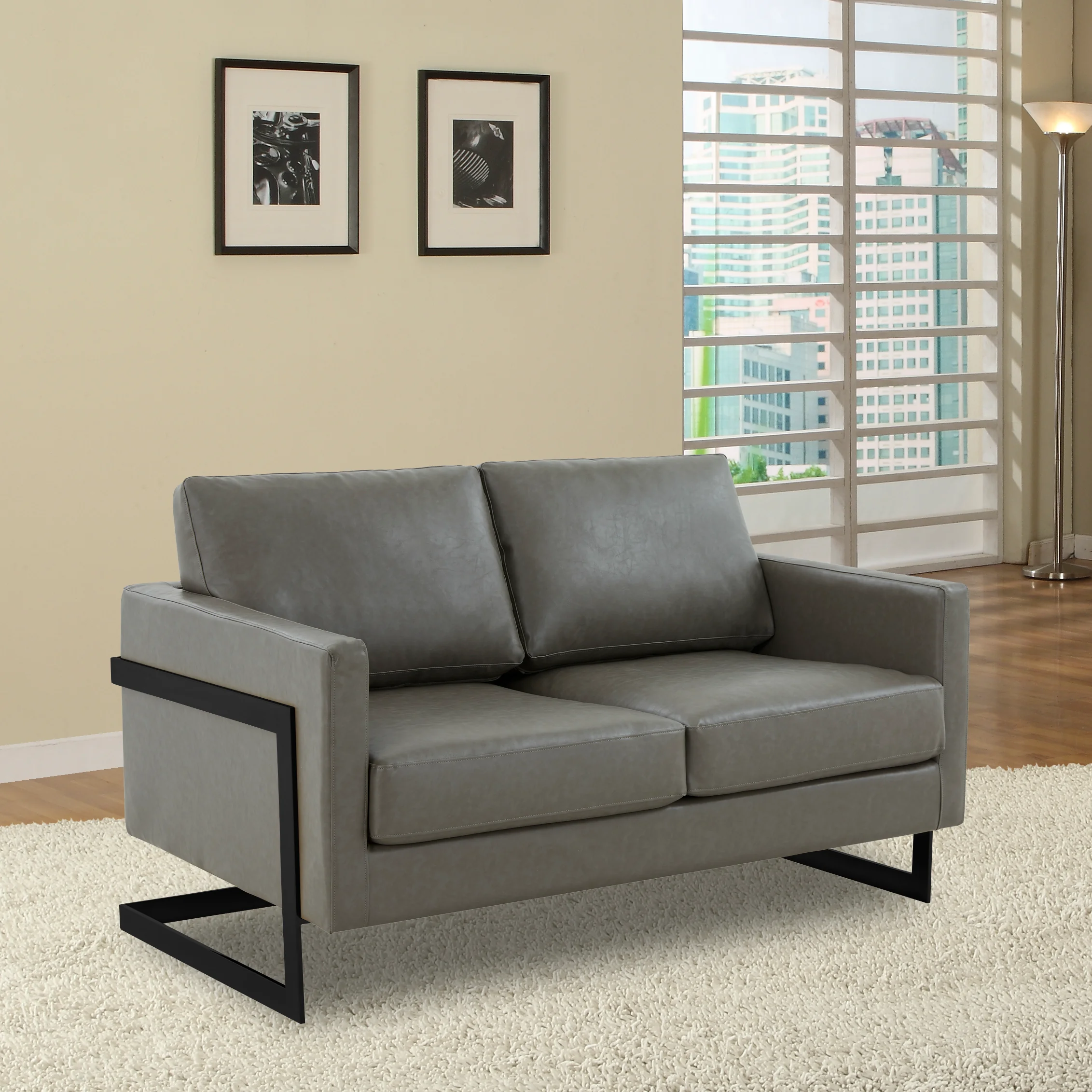 Lincoln Grey Leather Loveseat With Black Frame