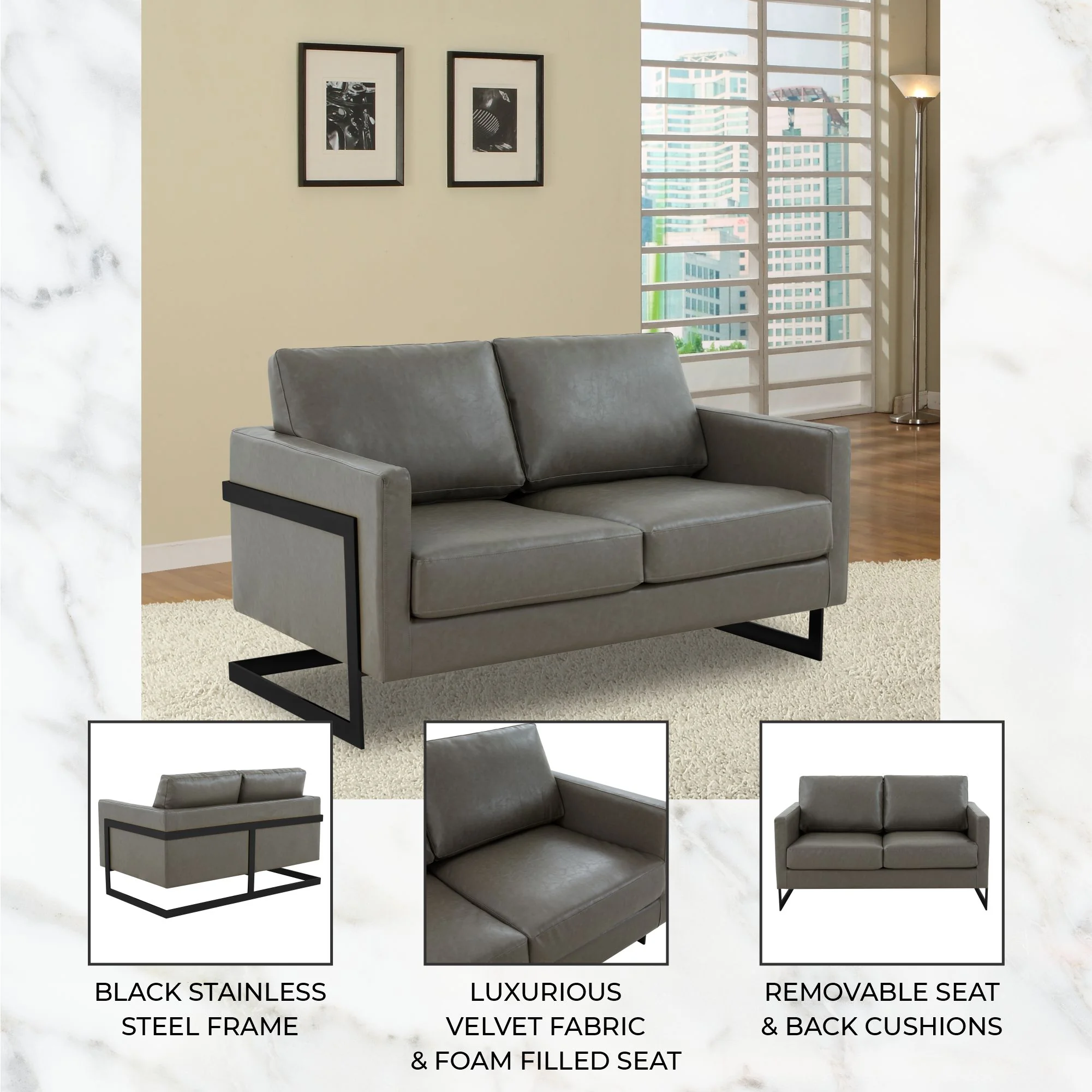 Lincoln Grey Leather Loveseat With Black Frame