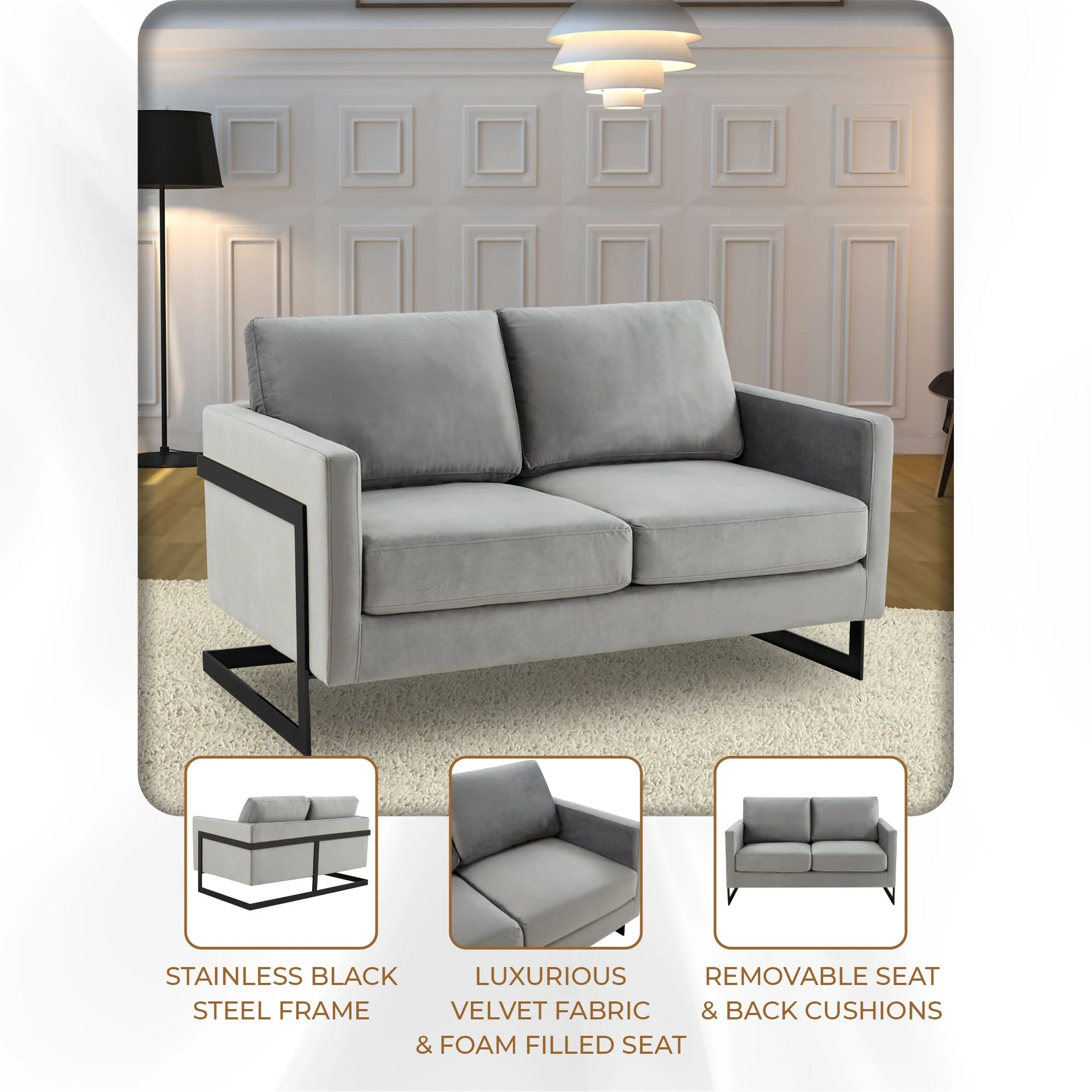 Lincoln Light Grey Velvet Loveseat With Black Frame