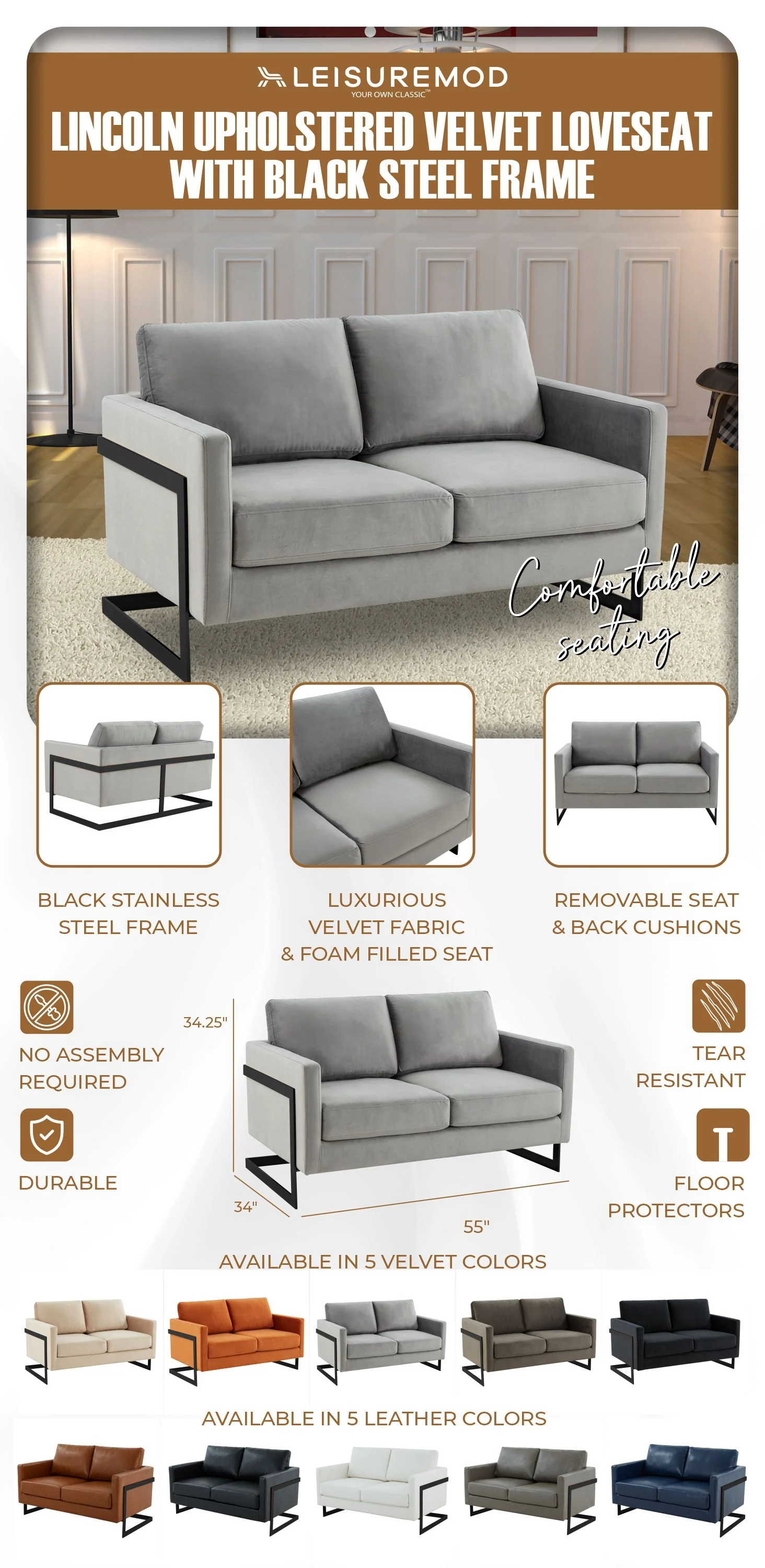 Lincoln Light Grey Velvet Loveseat With Black Frame