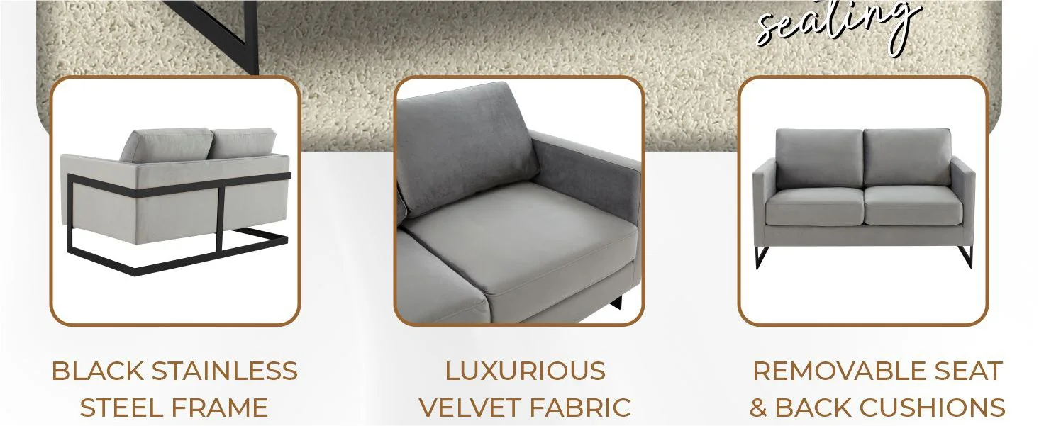 Lincoln Light Grey Velvet Loveseat With Black Frame