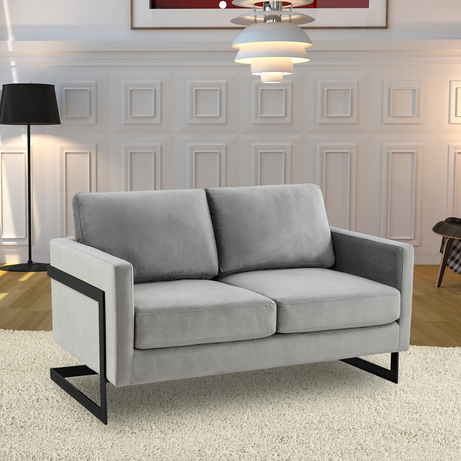 Lincoln Light Grey Velvet Loveseat With Black Frame