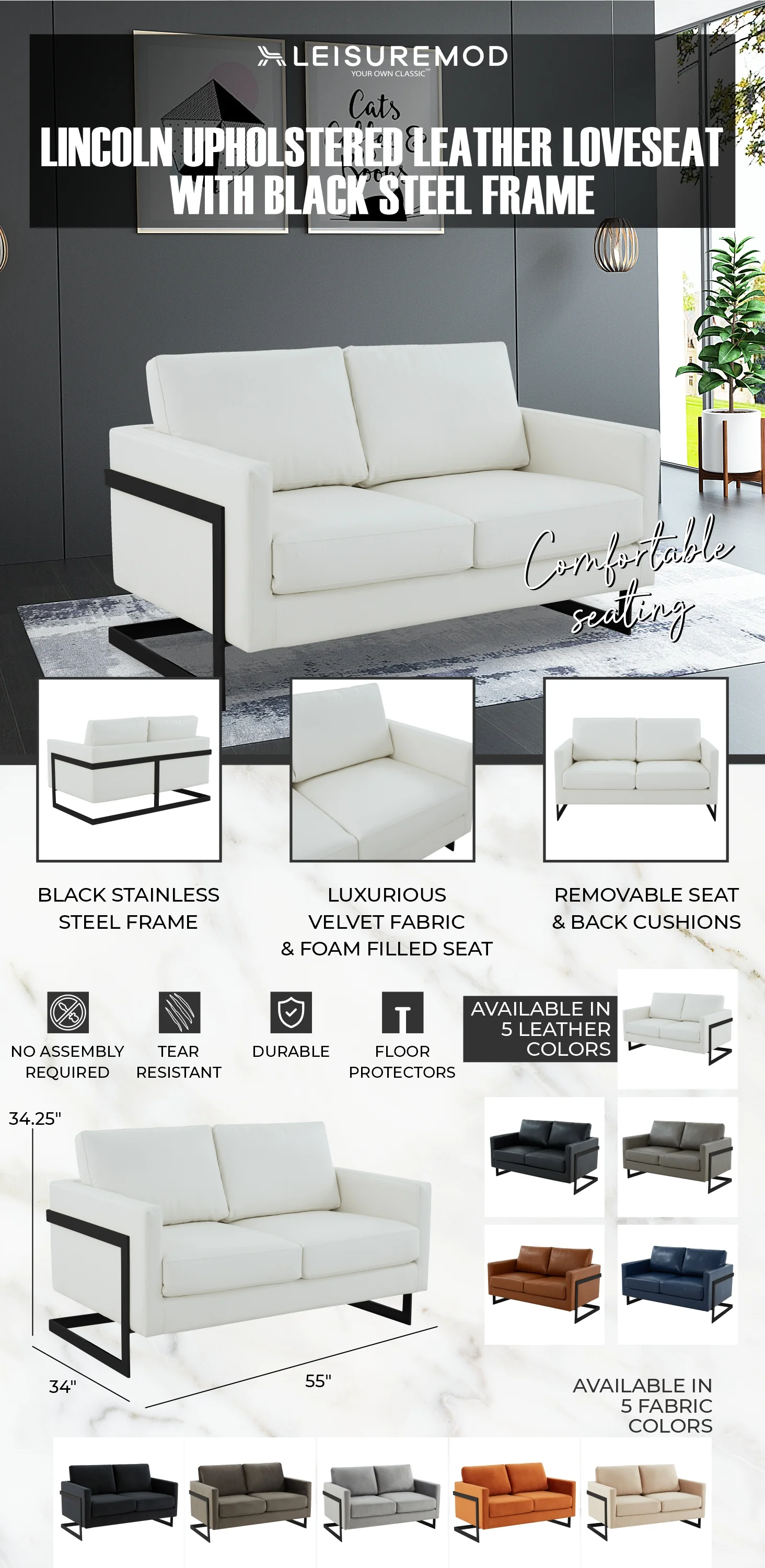 Lincoln White Leather Loveseat With Black Frame