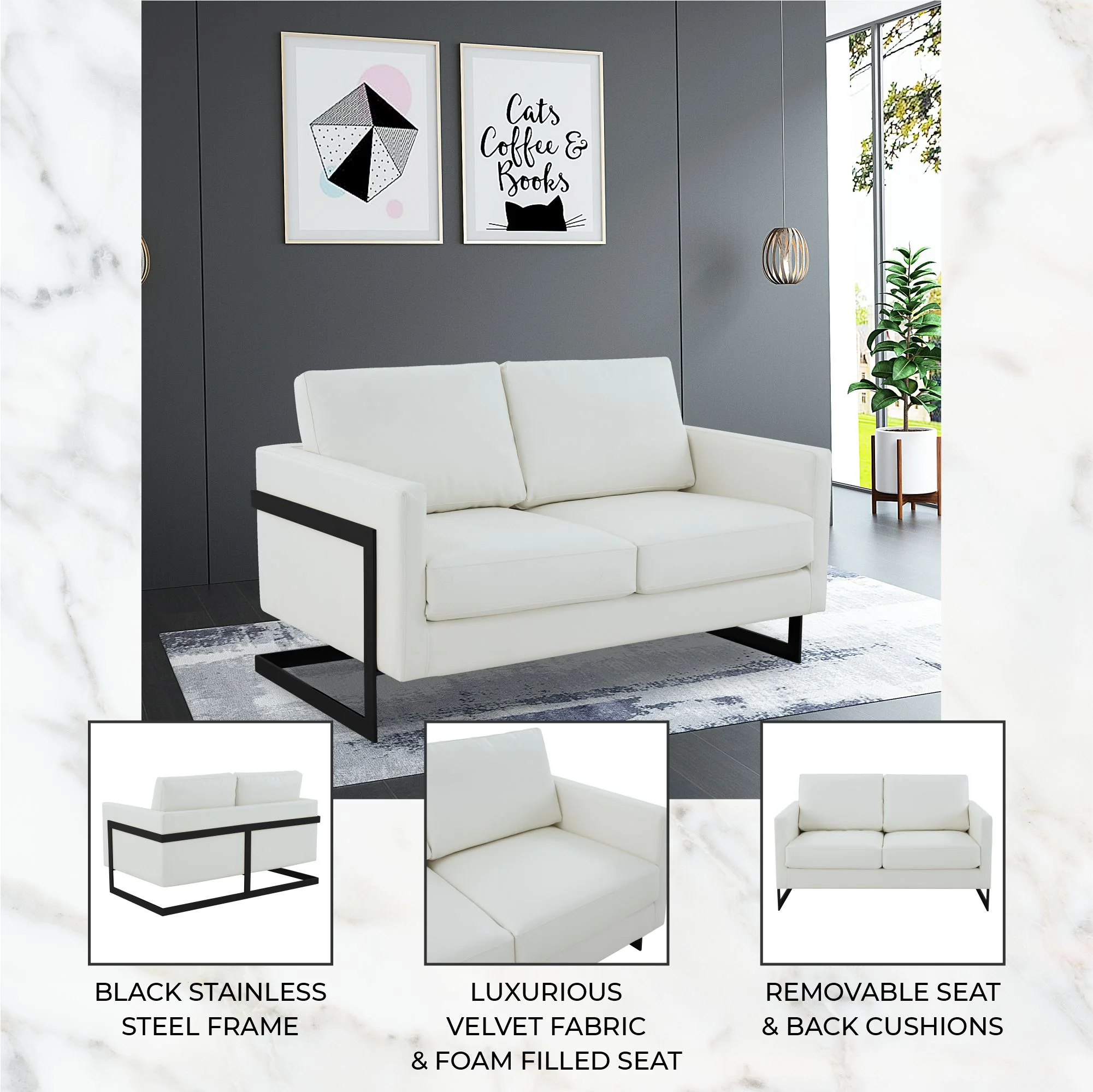 Lincoln White Leather Loveseat With Black Frame