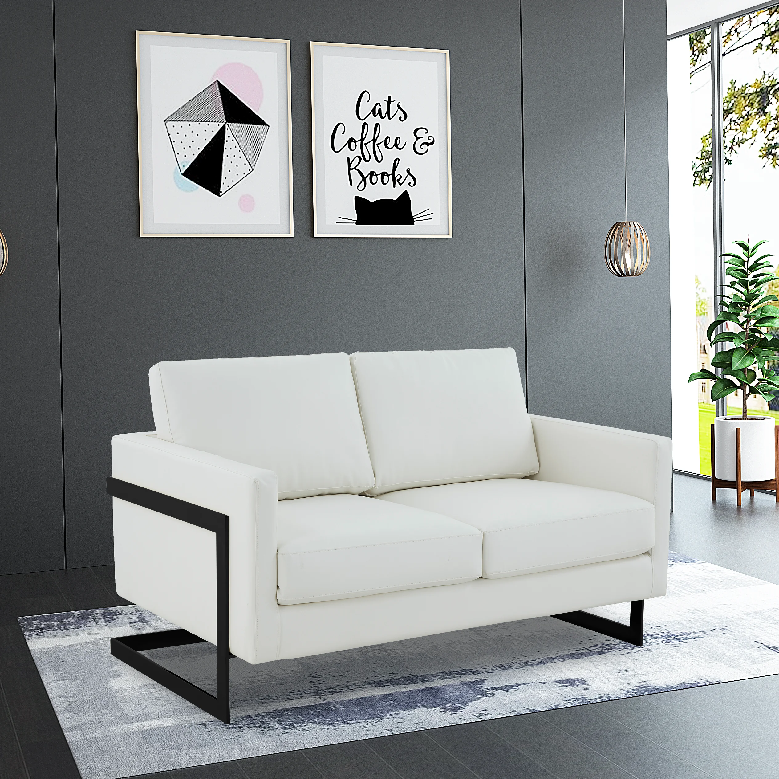 Lincoln White Leather Loveseat With Black Frame