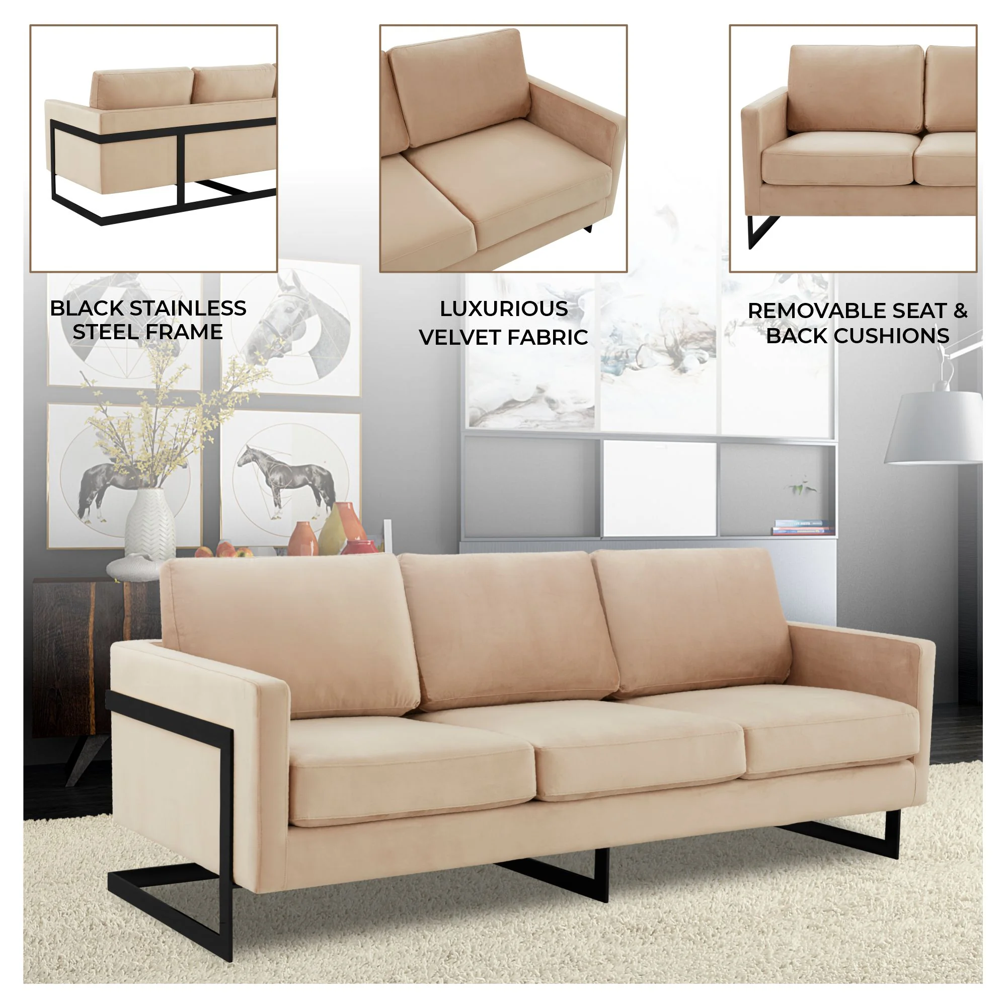 Lincoln Beige Velvet Sofa With Black Frame