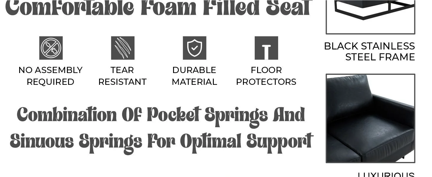 Lincoln Black Leather Sofa With Black Frame