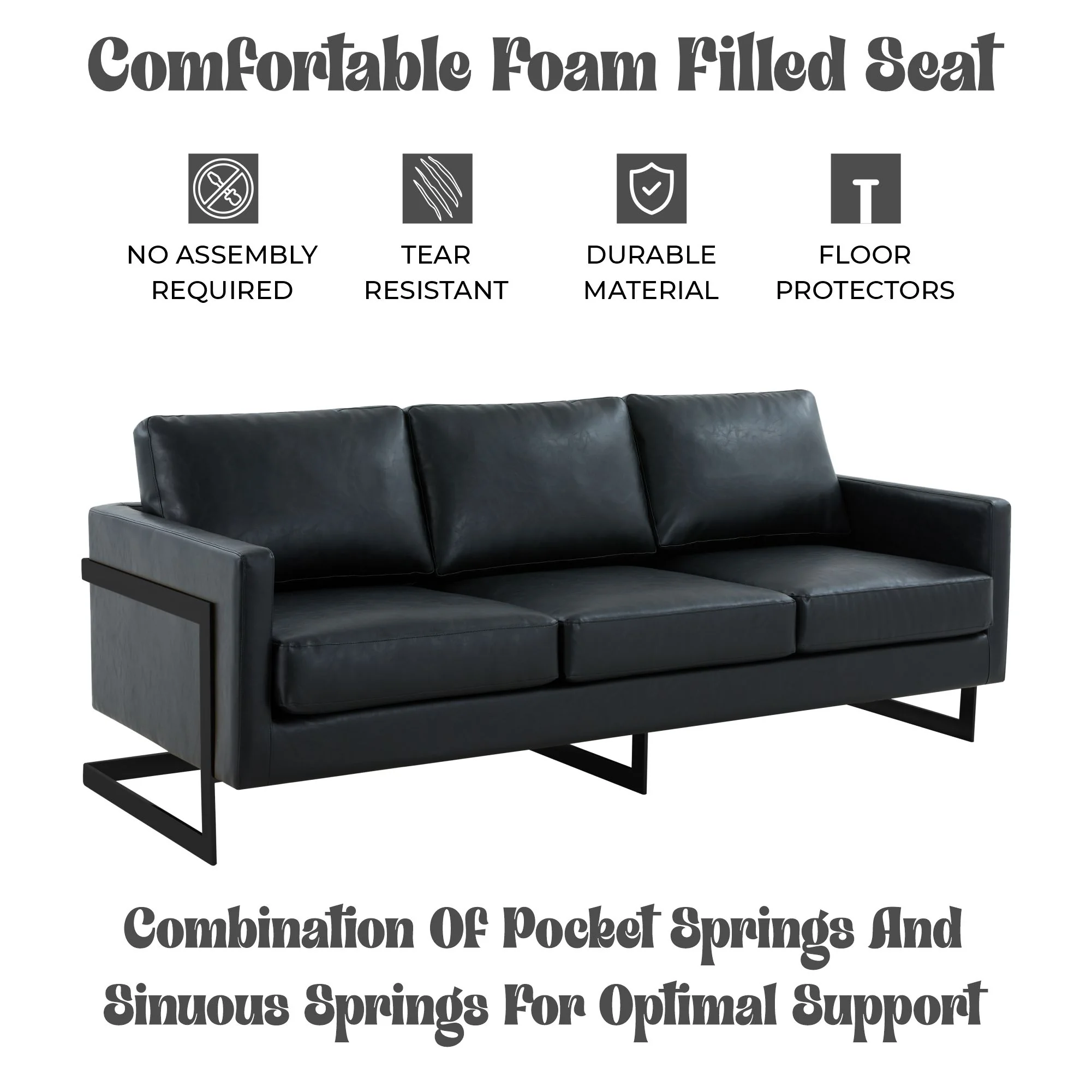 Lincoln Black Leather Sofa With Black Frame
