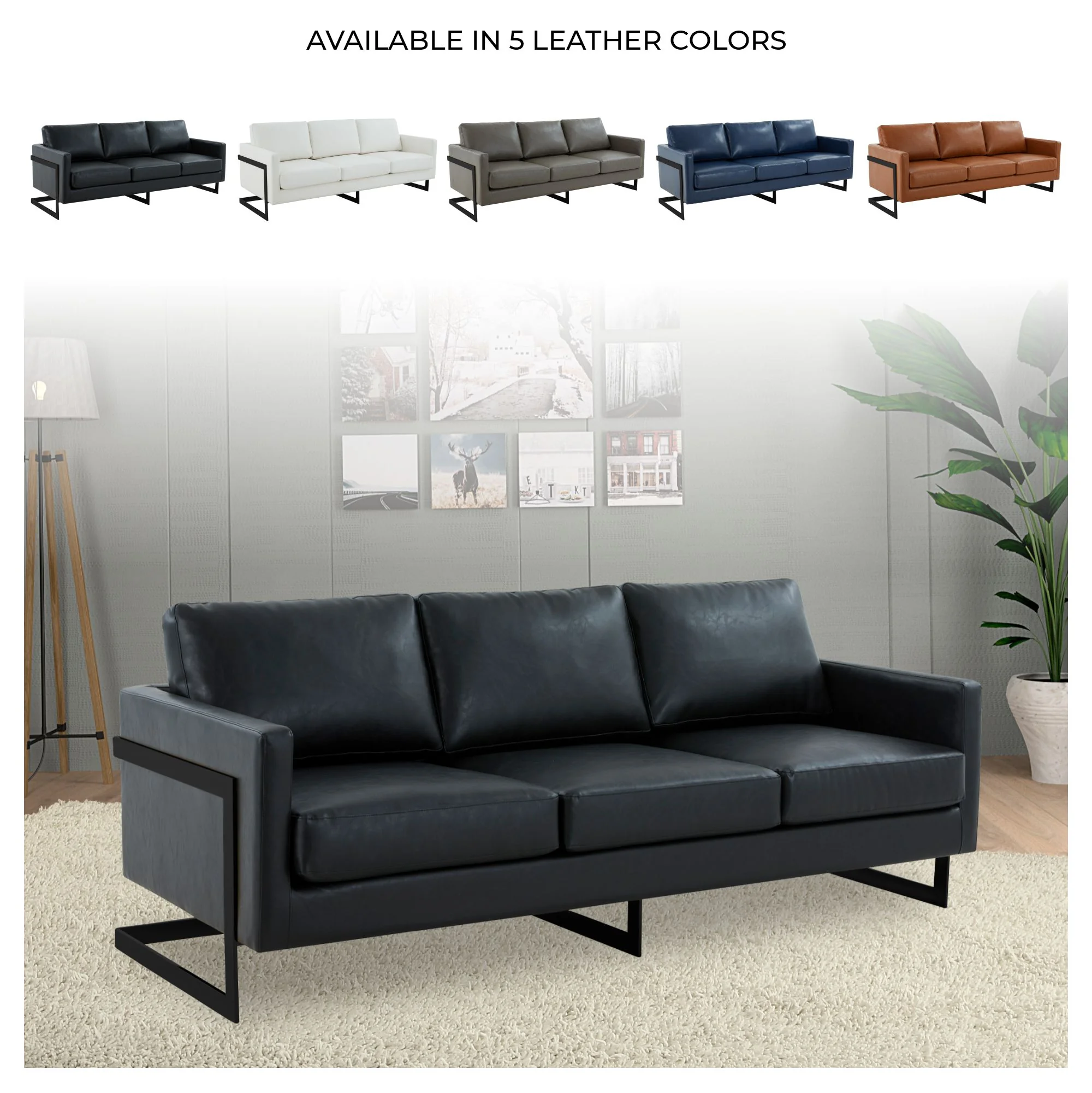 Lincoln Black Leather Sofa With Black Frame