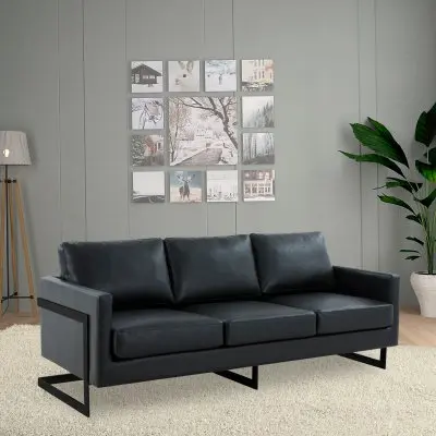 Lincoln Black Leather Sofa With Black Frame