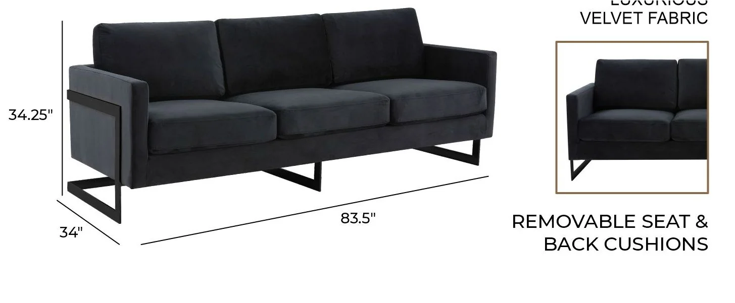 Lincoln Black Velvet Sofa With Black Frame