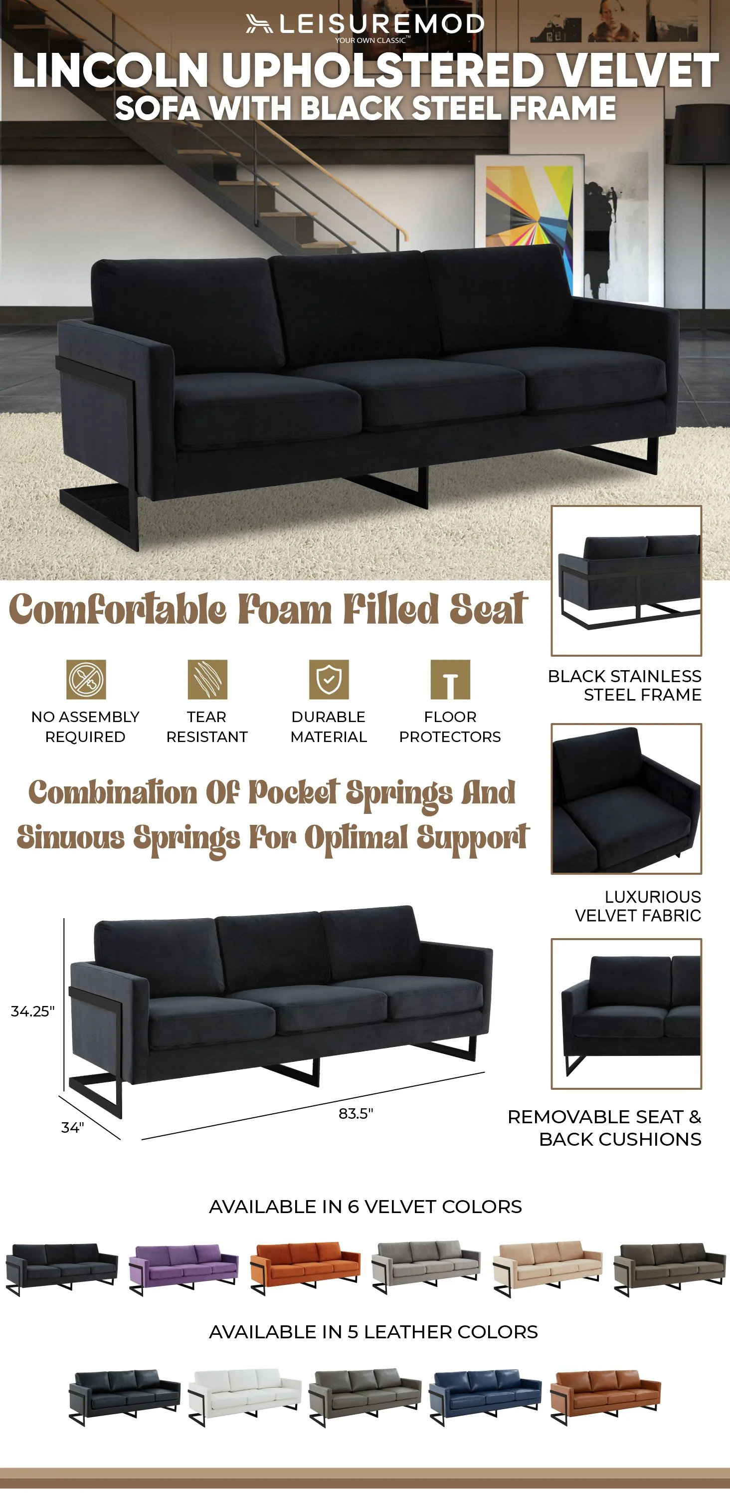 Lincoln Black Velvet Sofa With Black Frame