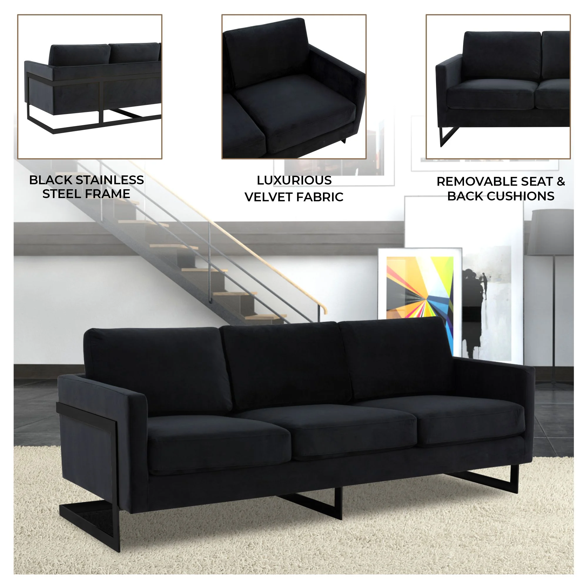 Lincoln Black Velvet Sofa With Black Frame