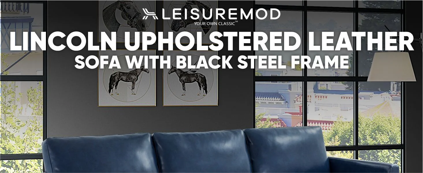 Lincoln Blue Leather Sofa With Black Frame