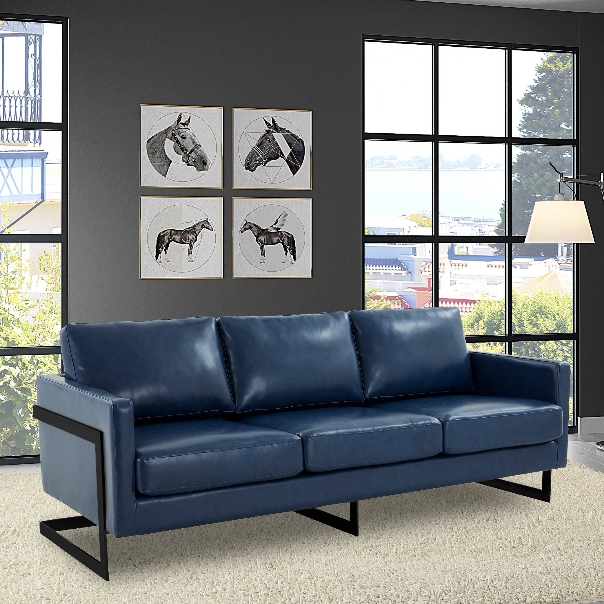 Lincoln Blue Leather Sofa With Black Frame