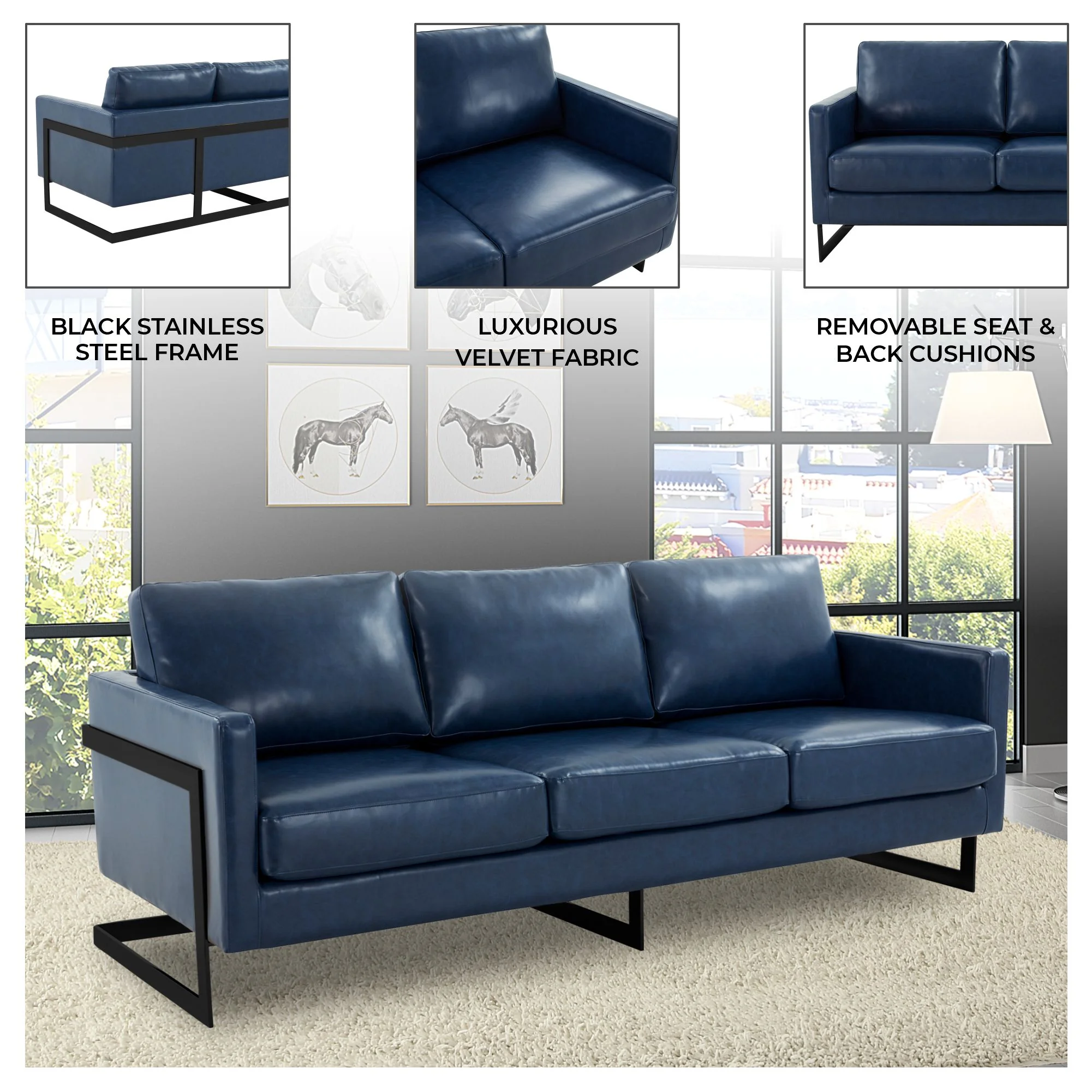 Lincoln Blue Leather Sofa With Black Frame