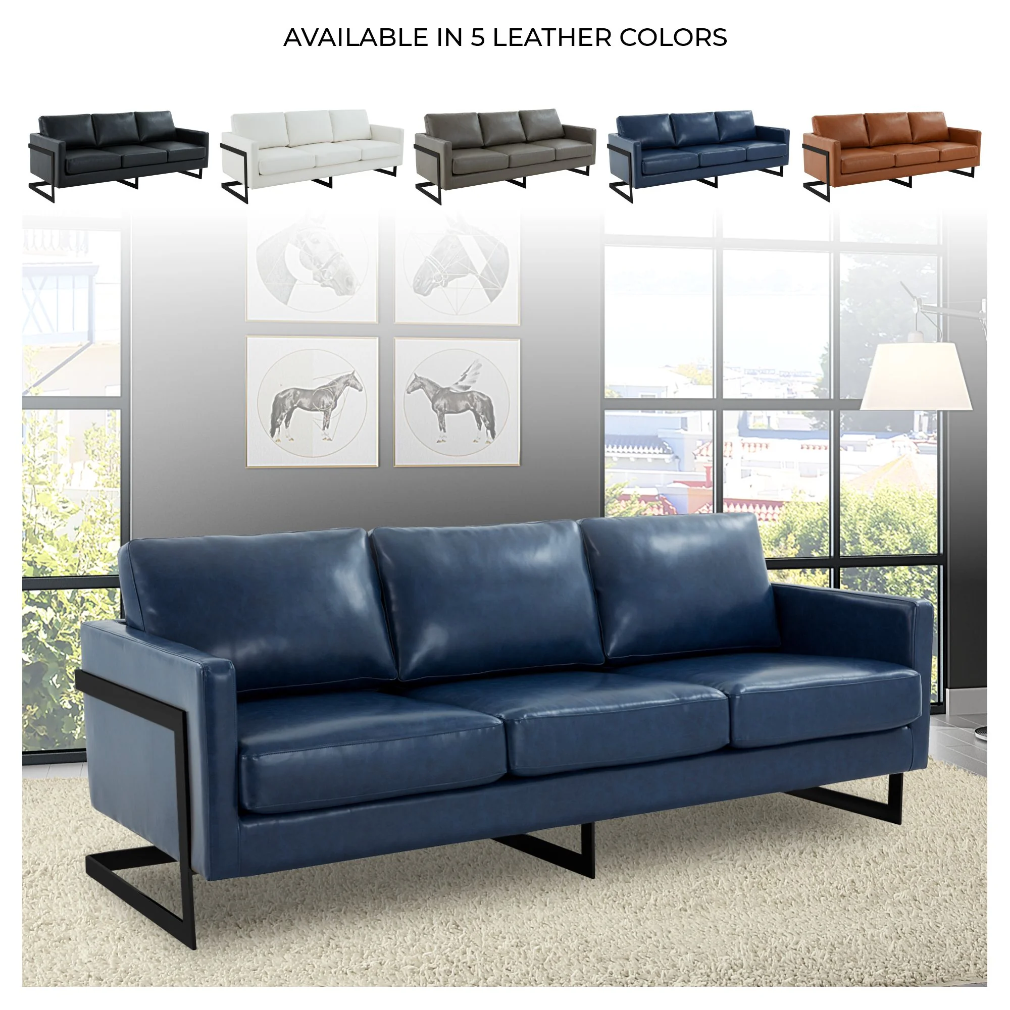 Lincoln Blue Leather Sofa With Black Frame