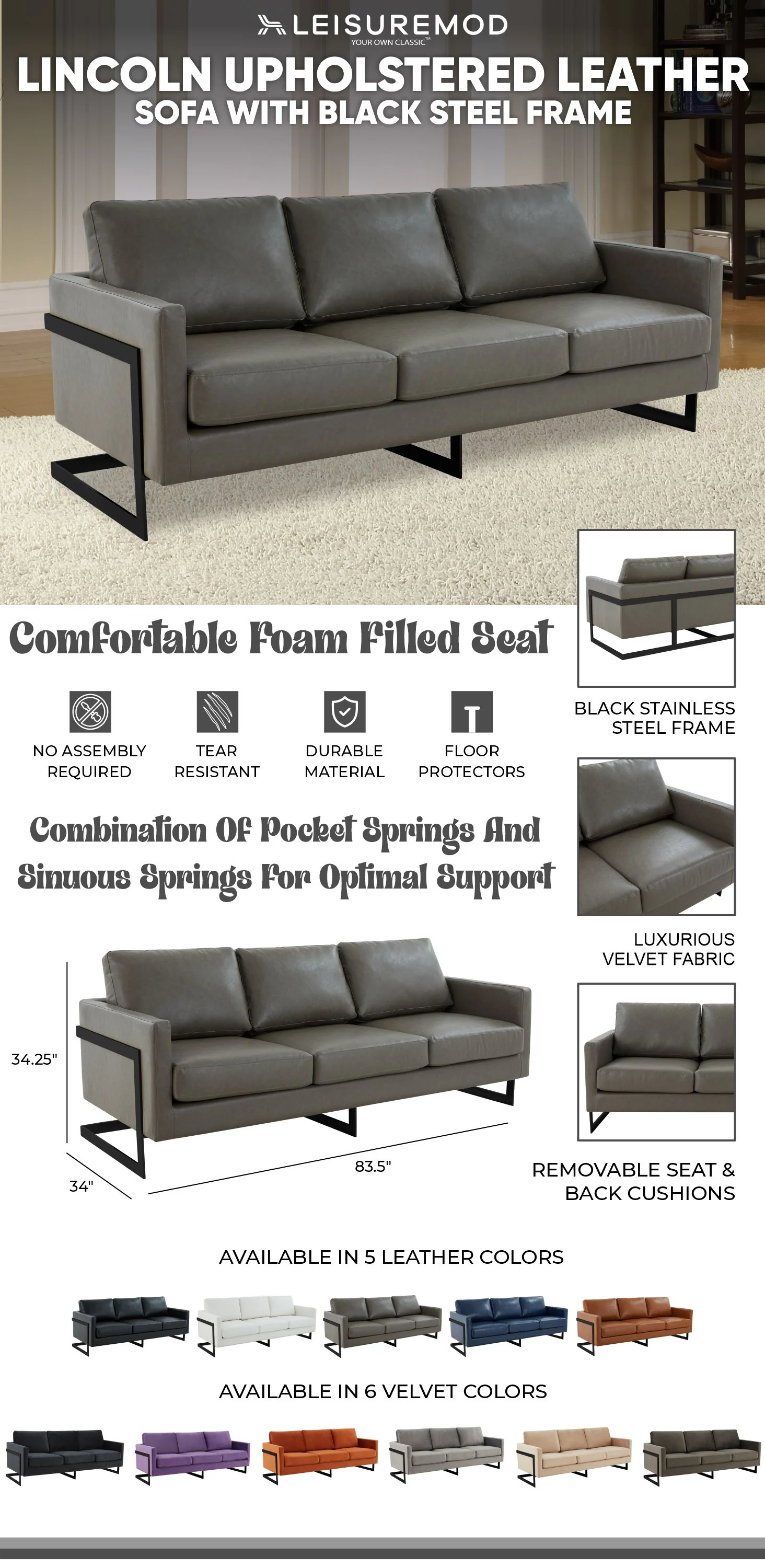 Lincoln Grey Leather Sofa With Black Frame