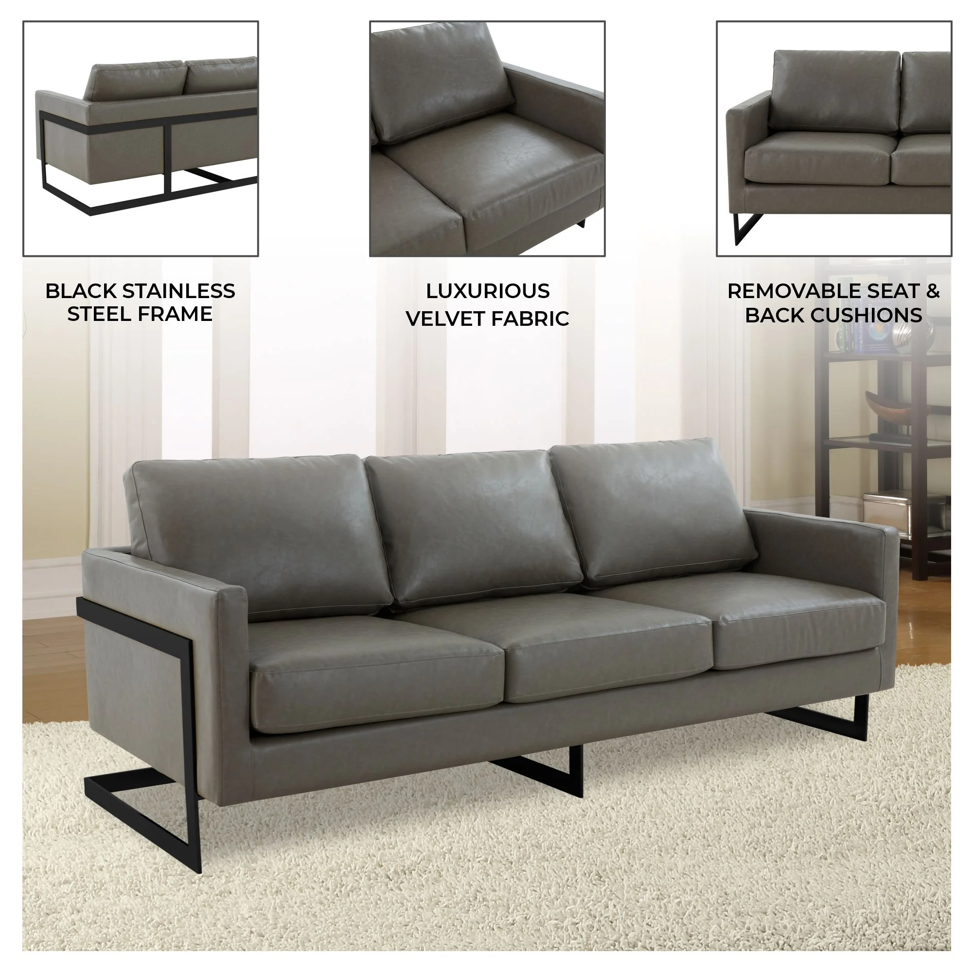 Lincoln Grey Leather Sofa With Black Frame
