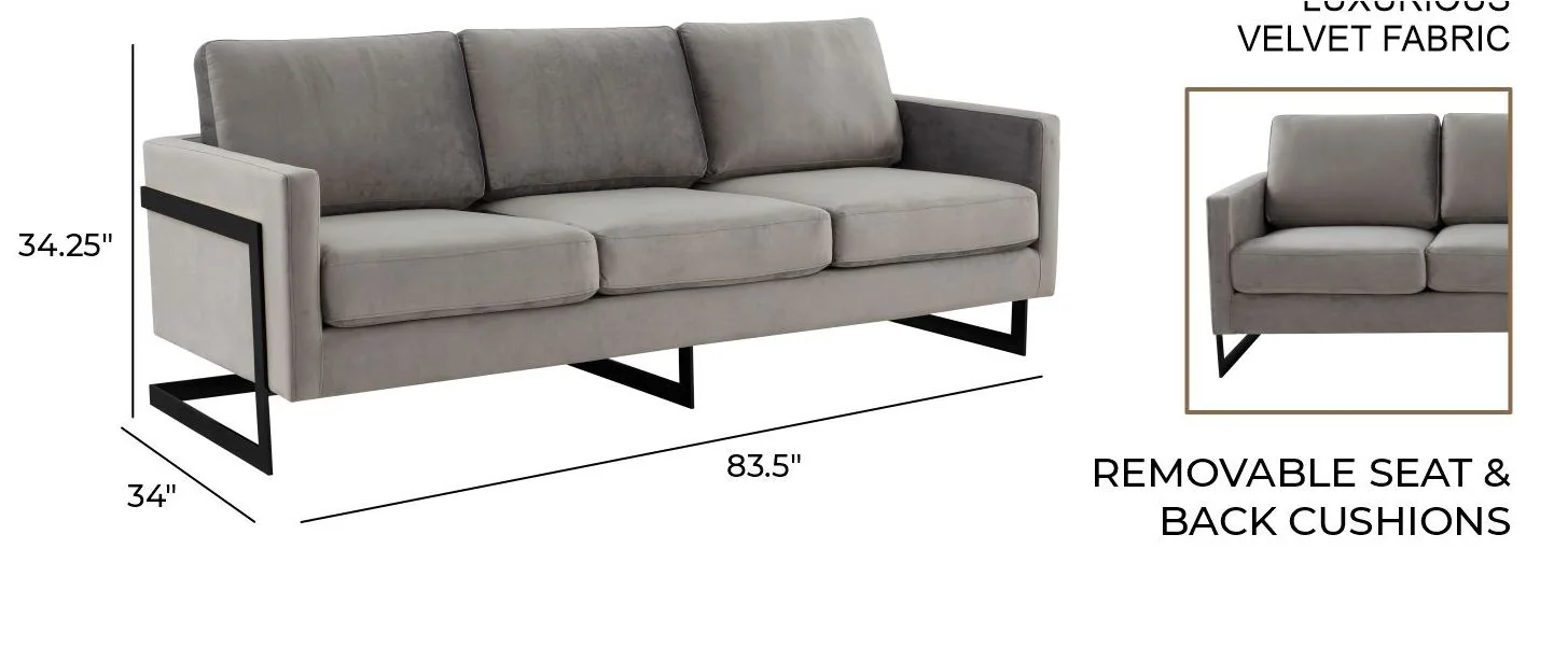 Lincoln Light Grey Velvet Sofa With Black Frame
