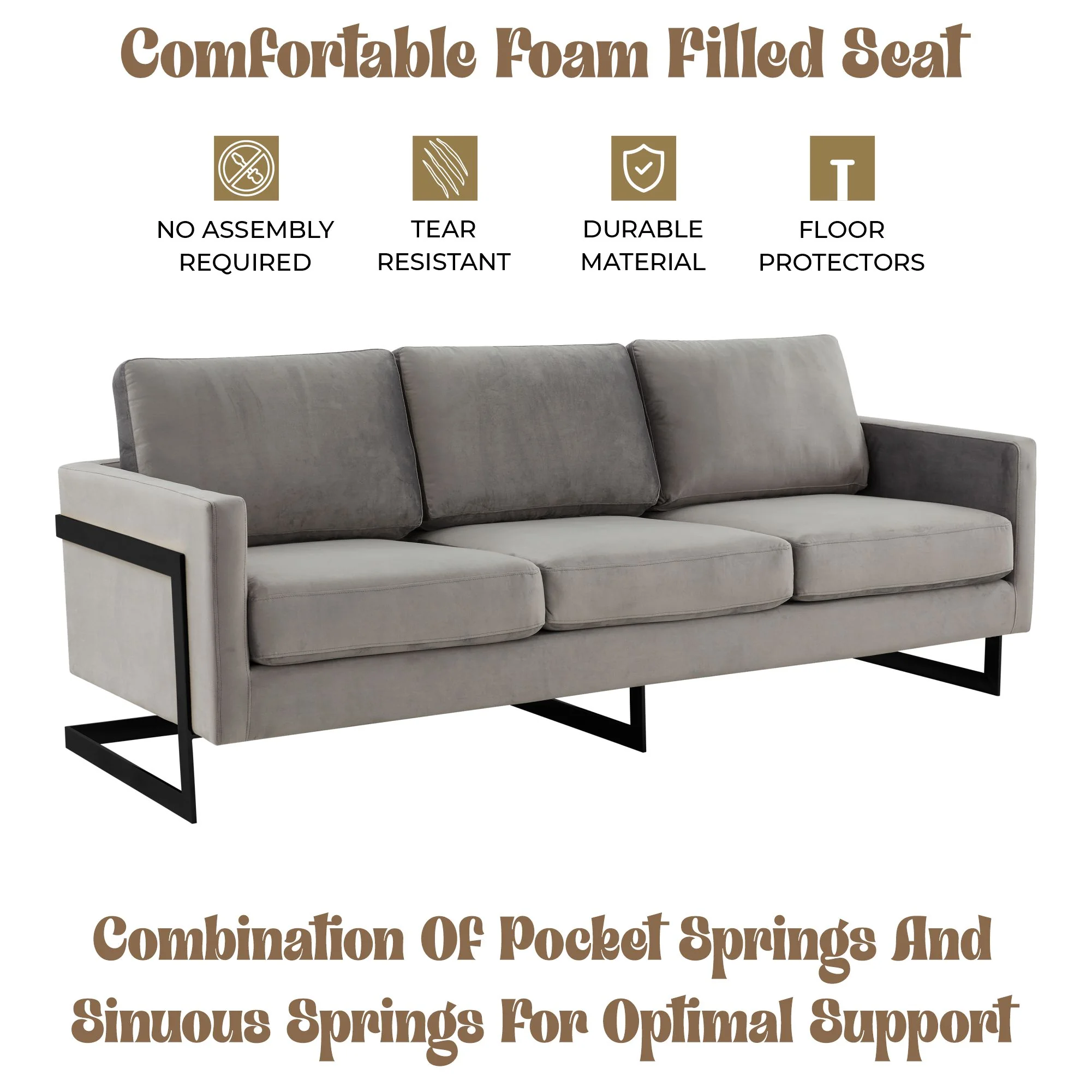 Lincoln Light Grey Velvet Sofa With Black Frame