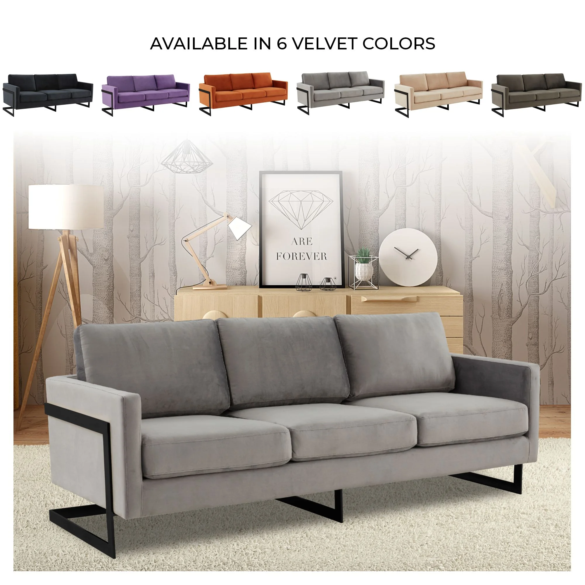 Lincoln Light Grey Velvet Sofa With Black Frame