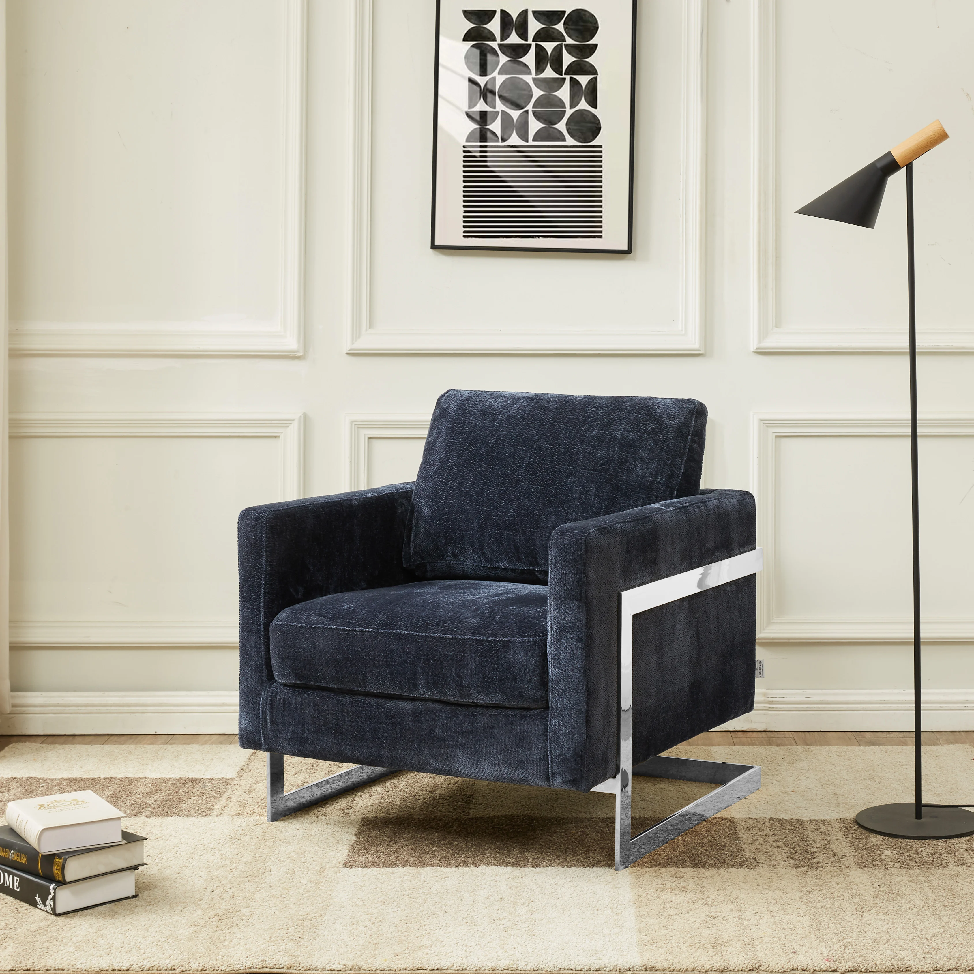 Lincoln Blue Boucle Accent Armchair With Chromed Frame