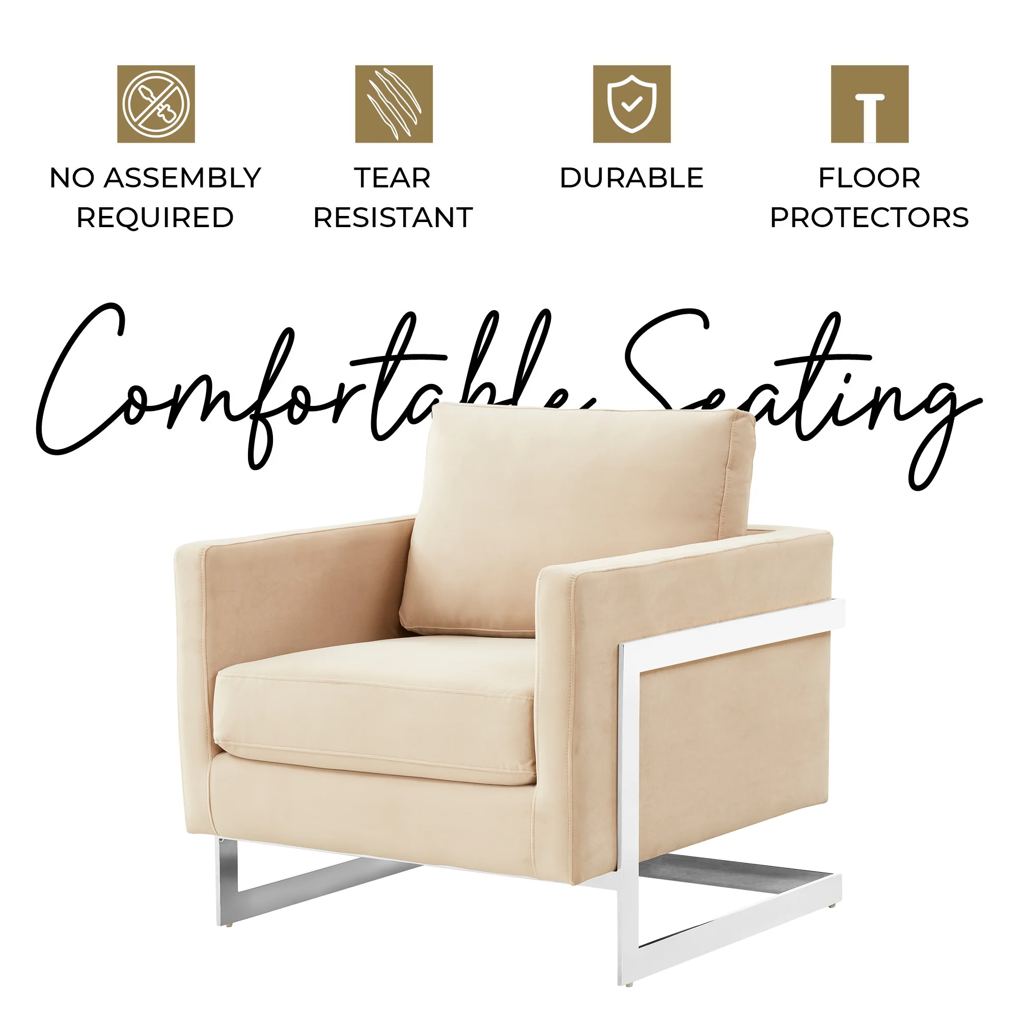 Lincoln Velvet Accent Armchair With Chromed Frame in Beige