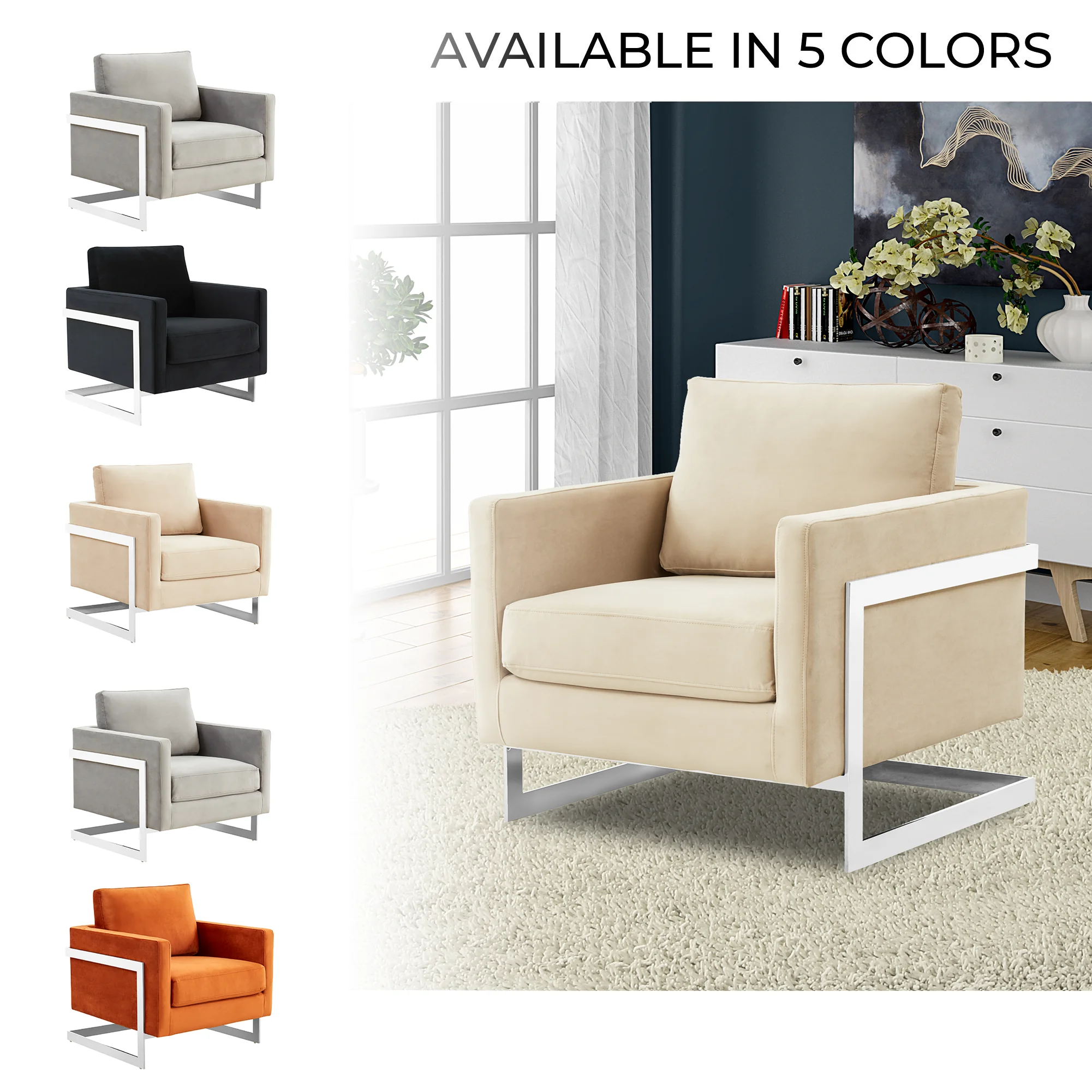 Lincoln Velvet Accent Armchair With Chromed Frame in Beige