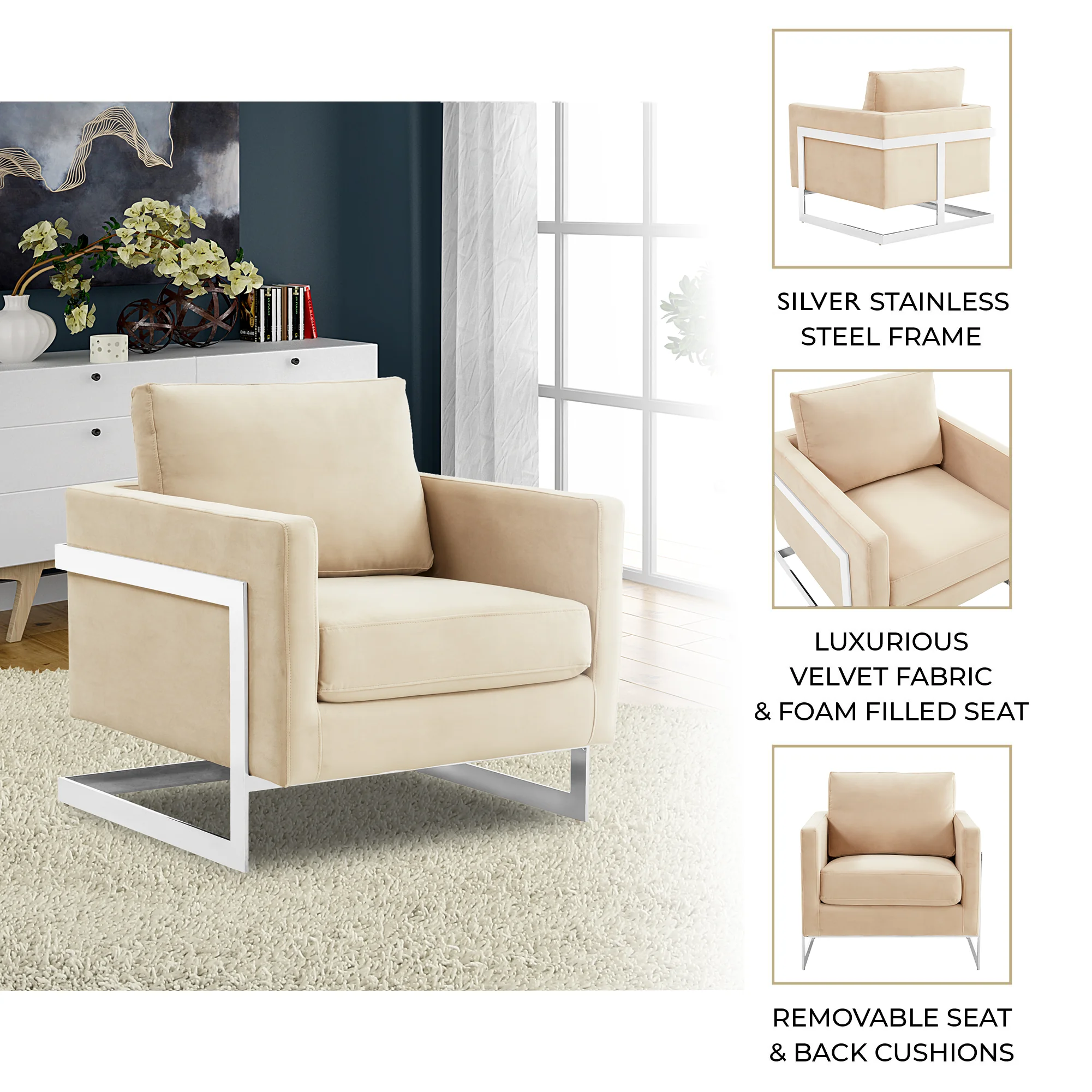 Lincoln Velvet Accent Armchair With Chromed Frame in Beige