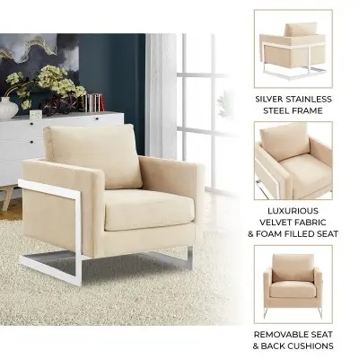 Lincoln Velvet Accent Armchair With Chromed Frame in Beige