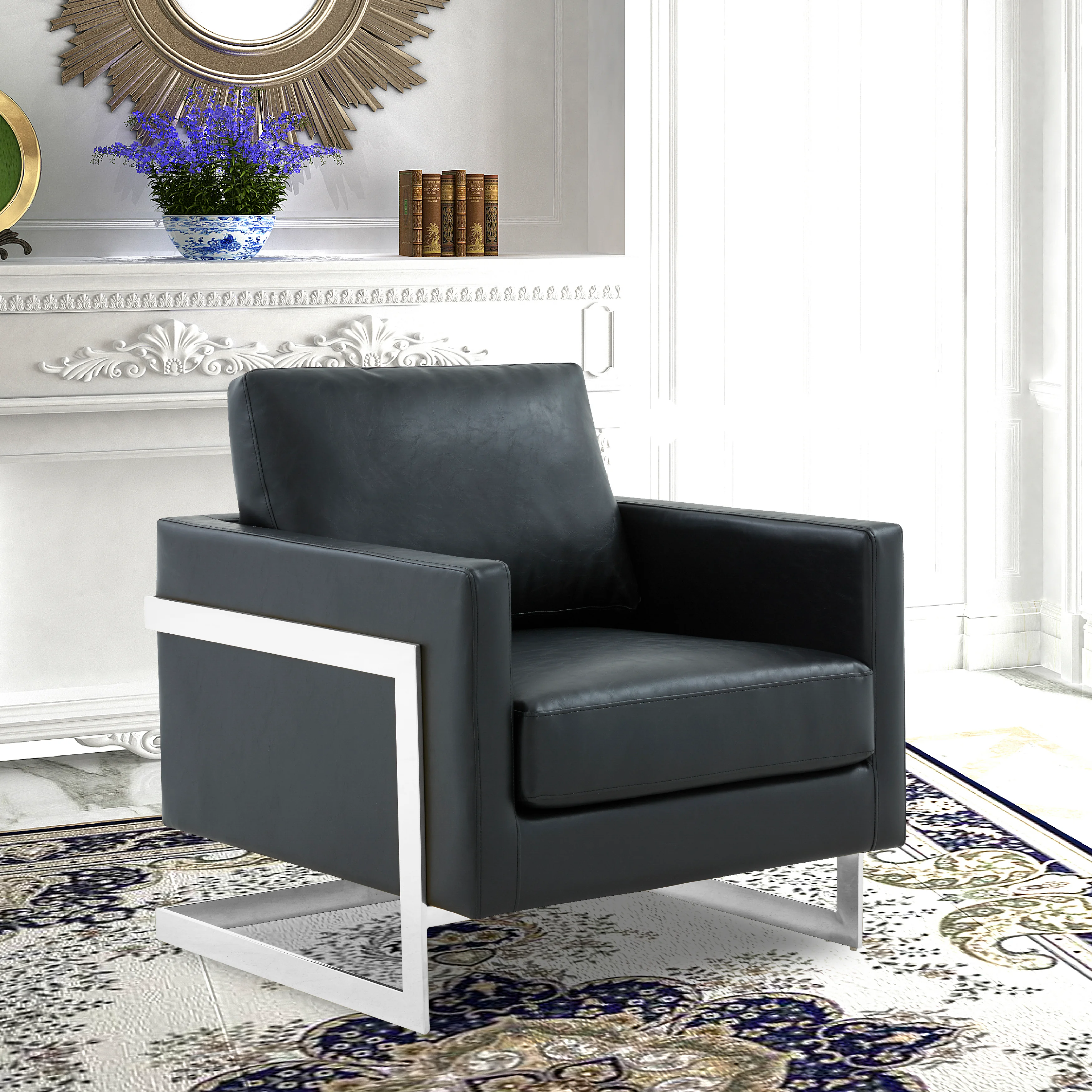 Lincoln Leather Accent Armchair With Silver Frame