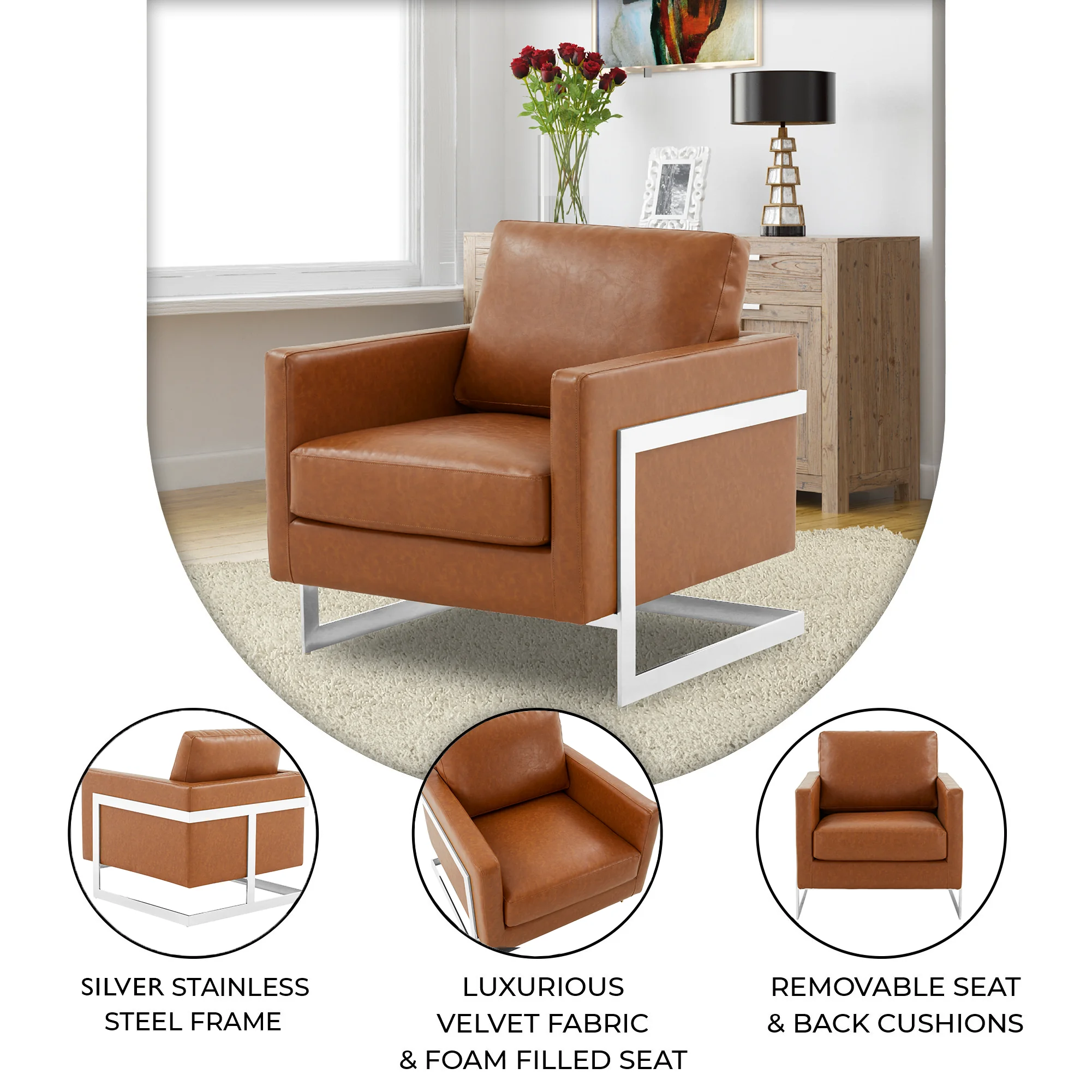 Lincoln Leather Accent Armchair With Silver Frame