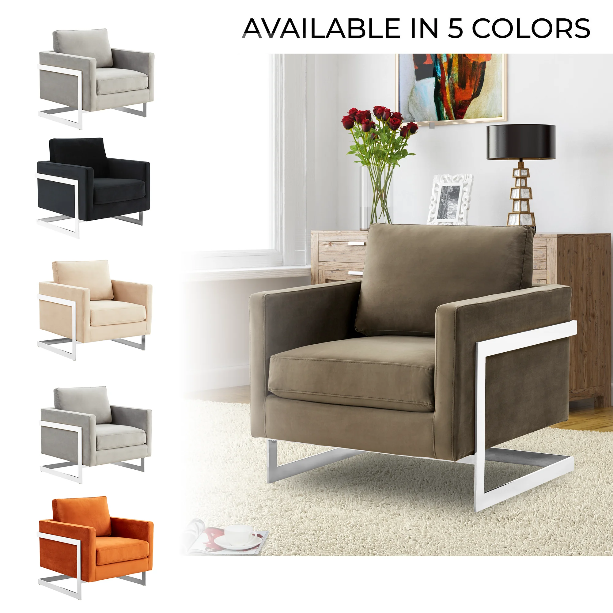 Lincoln Velvet Accent Armchair With Chromed Frame in Dark Grey