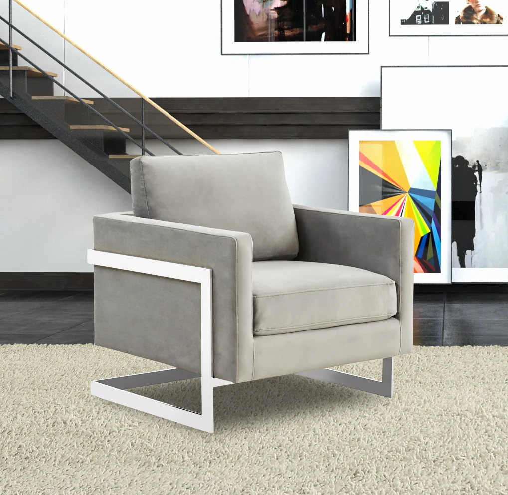 Lincoln Velvet Accent Armchair With Chromed Frame in Light Grey