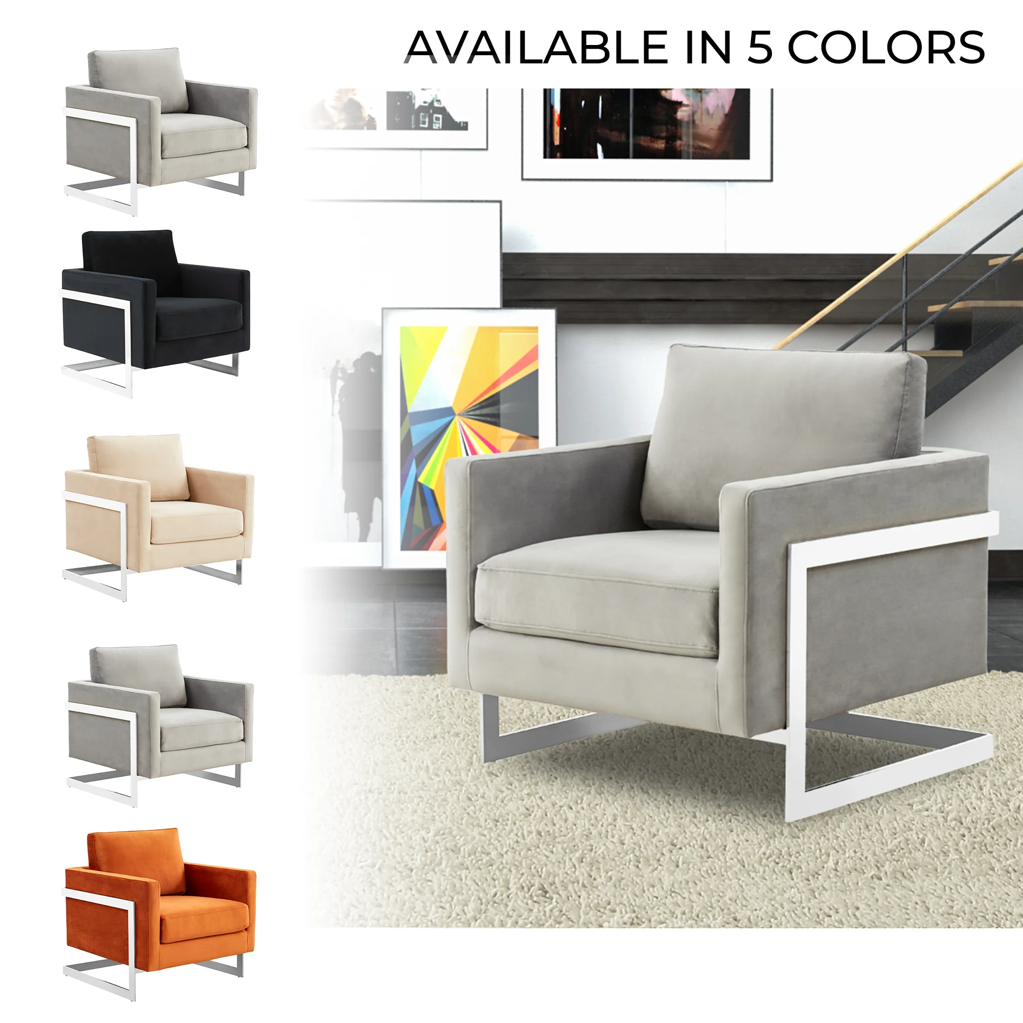 Lincoln Velvet Accent Armchair With Chromed Frame in Light Grey