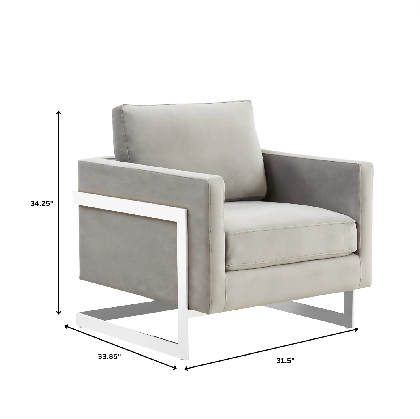 Lincoln Velvet Accent Armchair With Chromed Frame in Light Grey