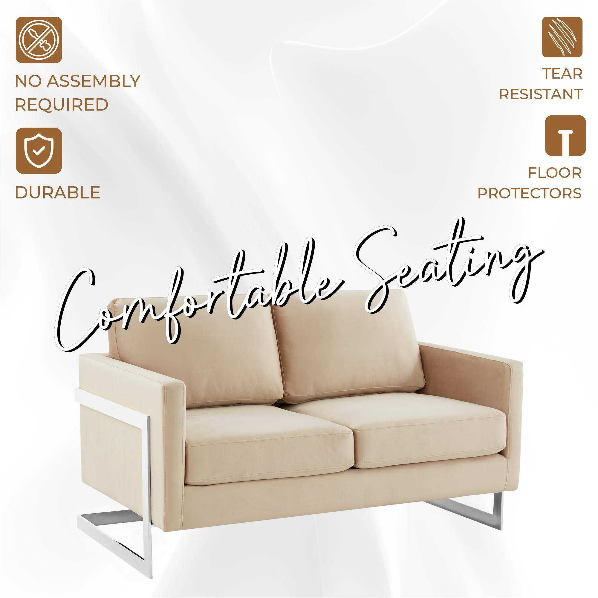 Lincoln Beige Velvet Loveseat With Chromed Frame