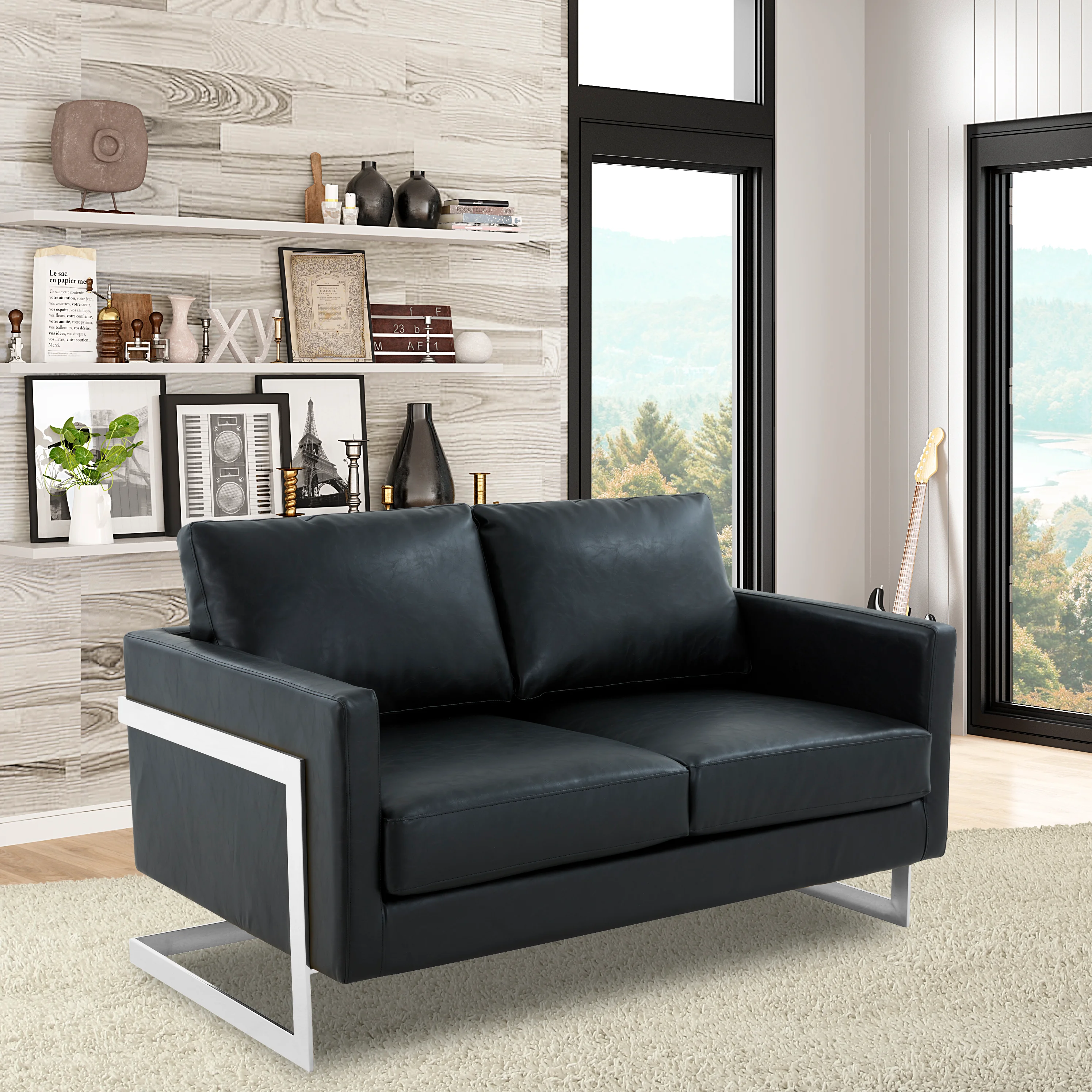 Lincoln Black Leather Loveseat With Chromed Frame