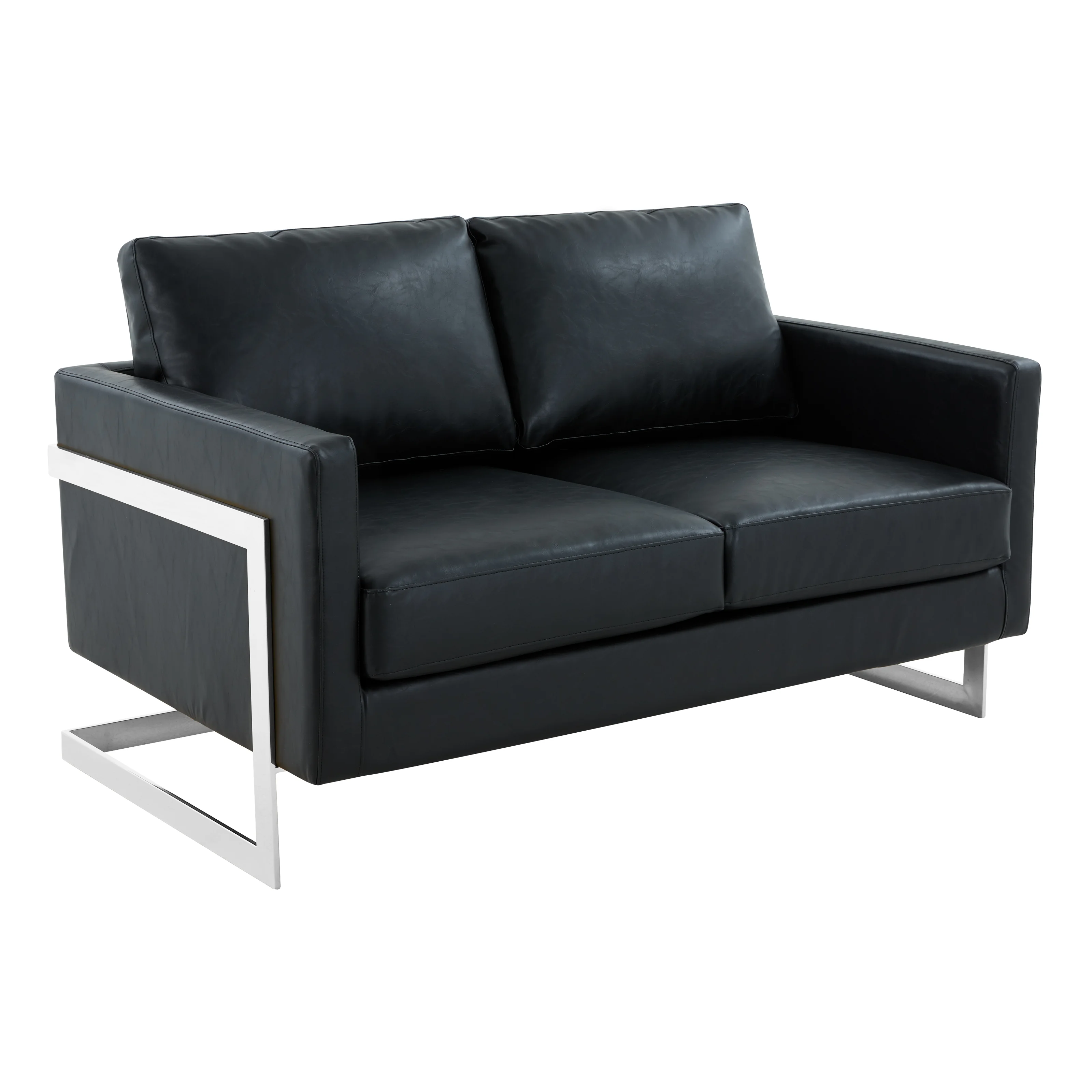 Lincoln Black Leather Loveseat With Chromed Frame