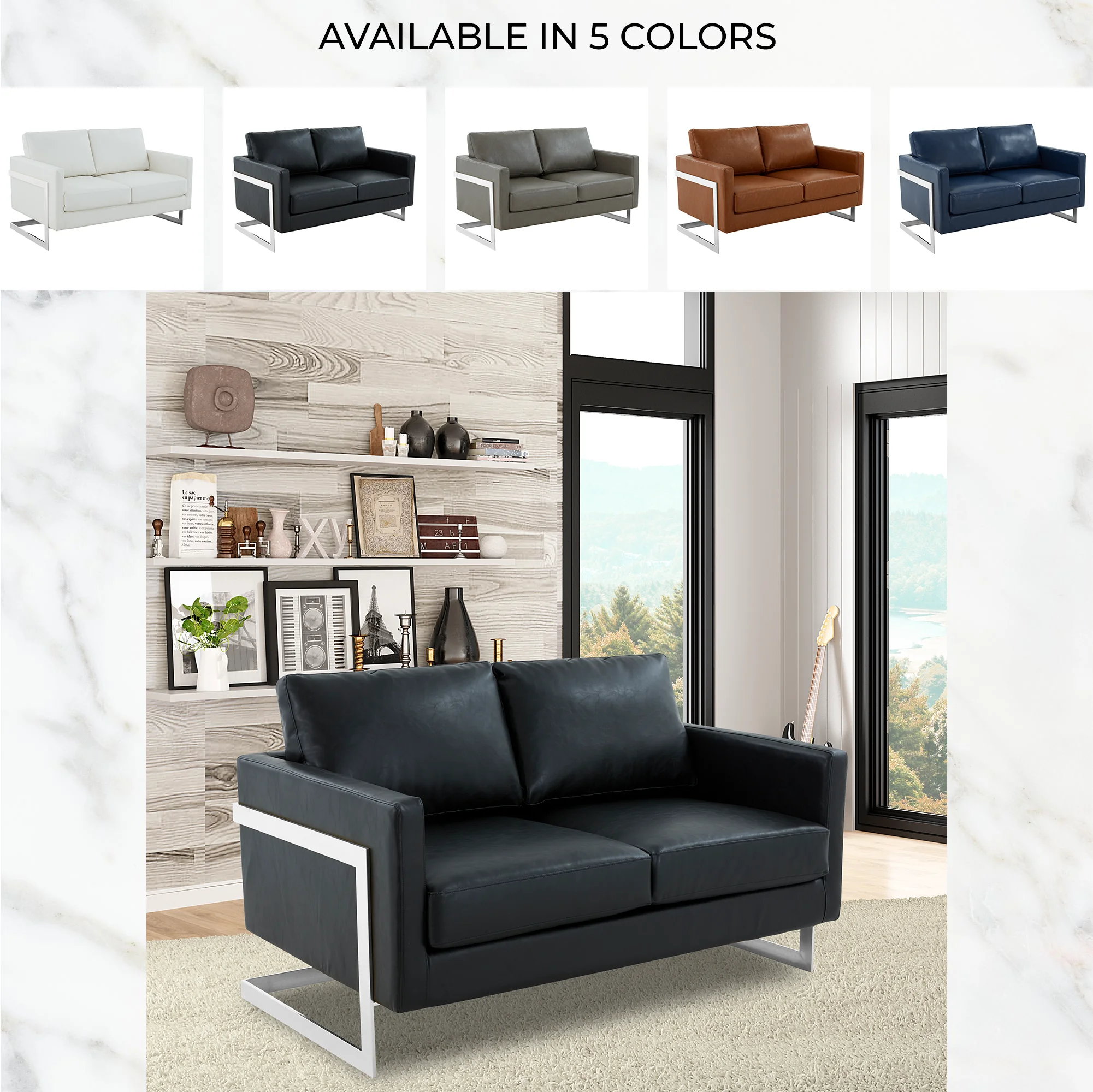 Lincoln Black Leather Loveseat With Chromed Frame