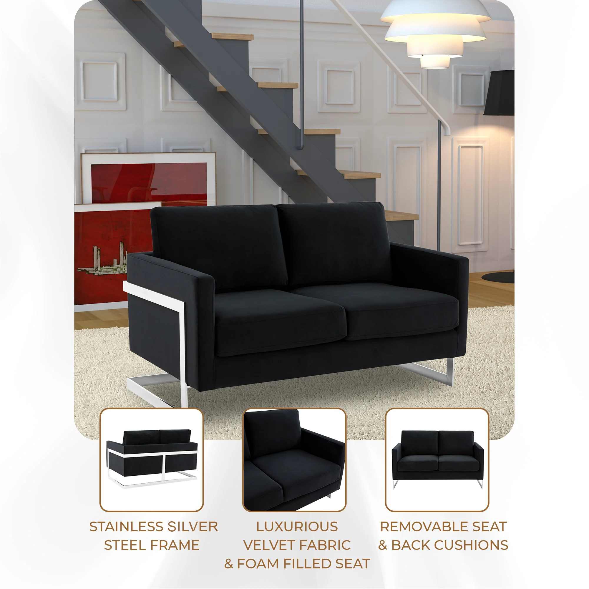 Lincoln Black Velvet Loveseat With Chromed Frame