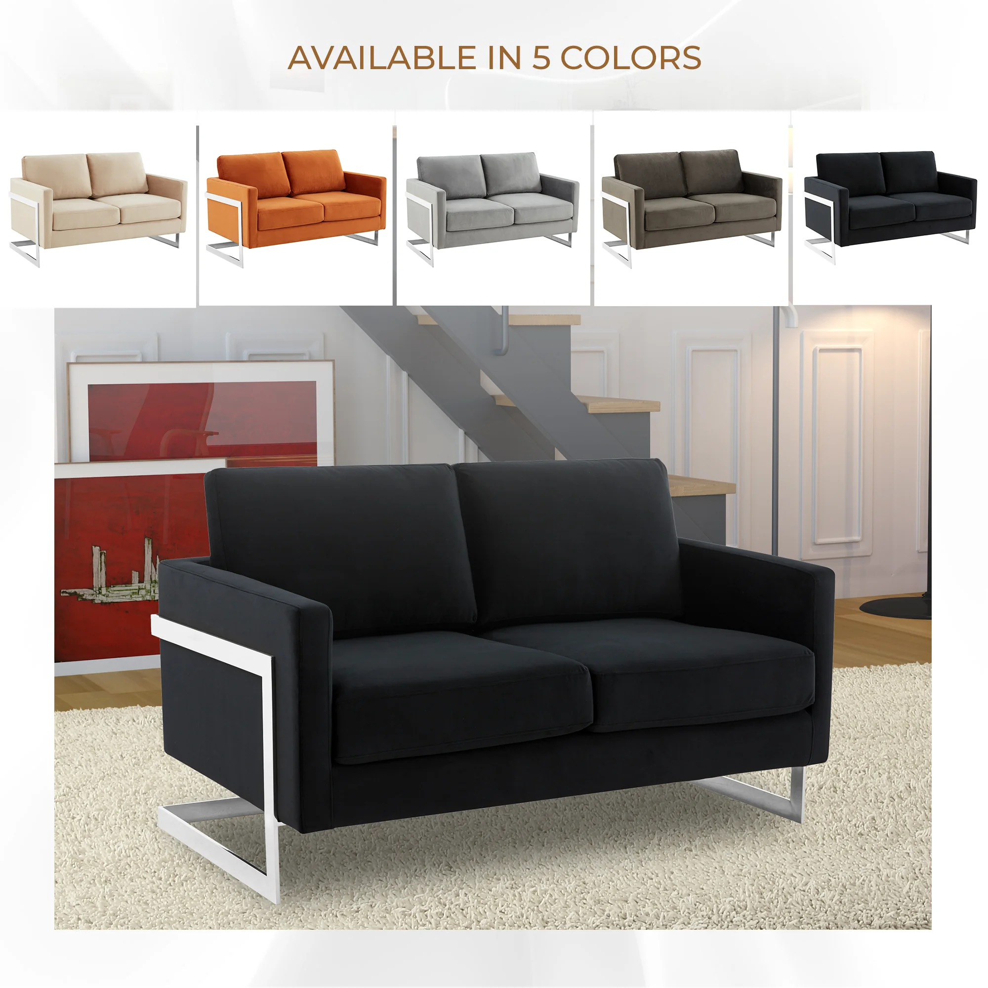 Lincoln Black Velvet Loveseat With Chromed Frame