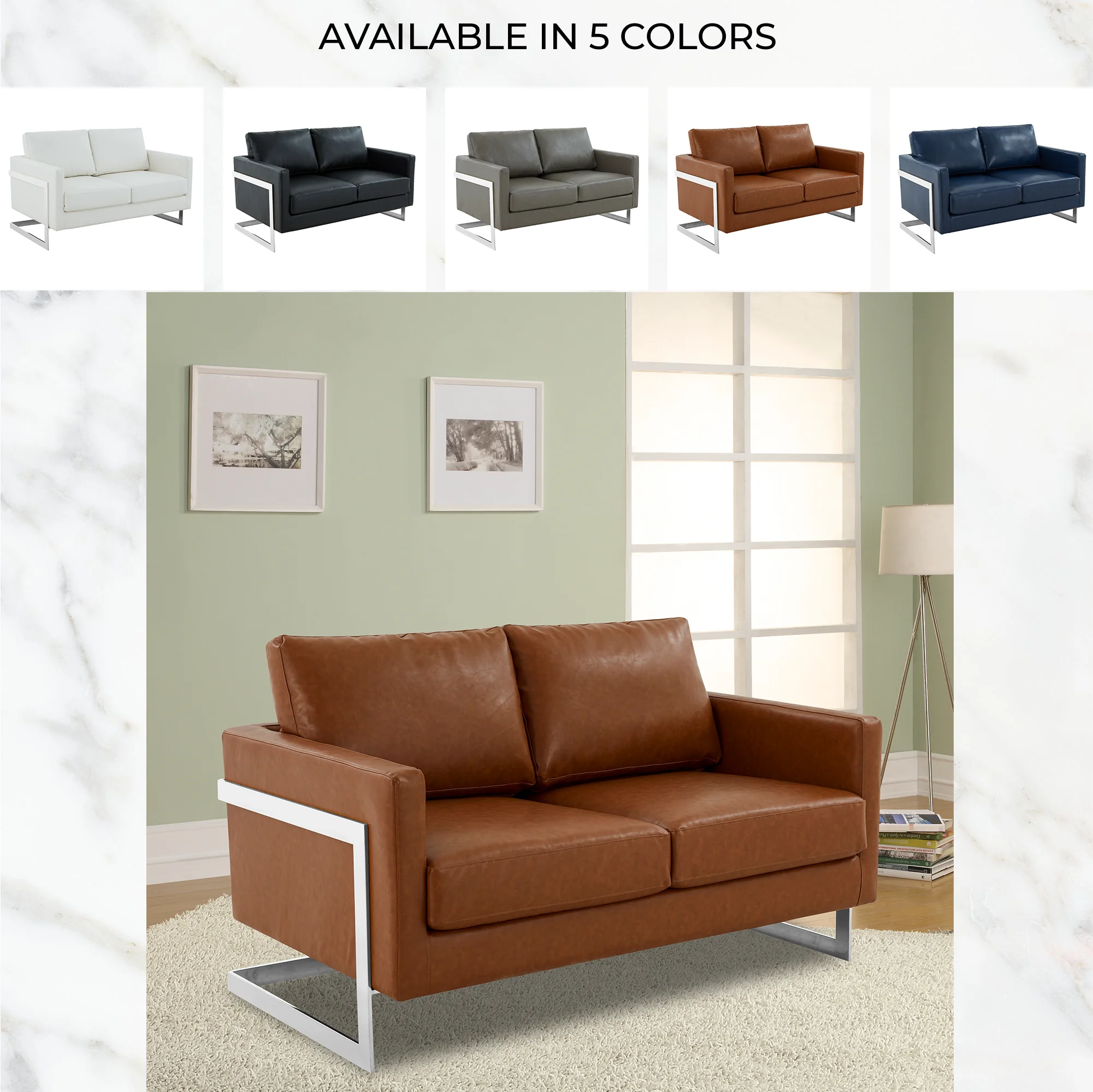 Lincoln Brown Leather Loveseat With Chromed Frame