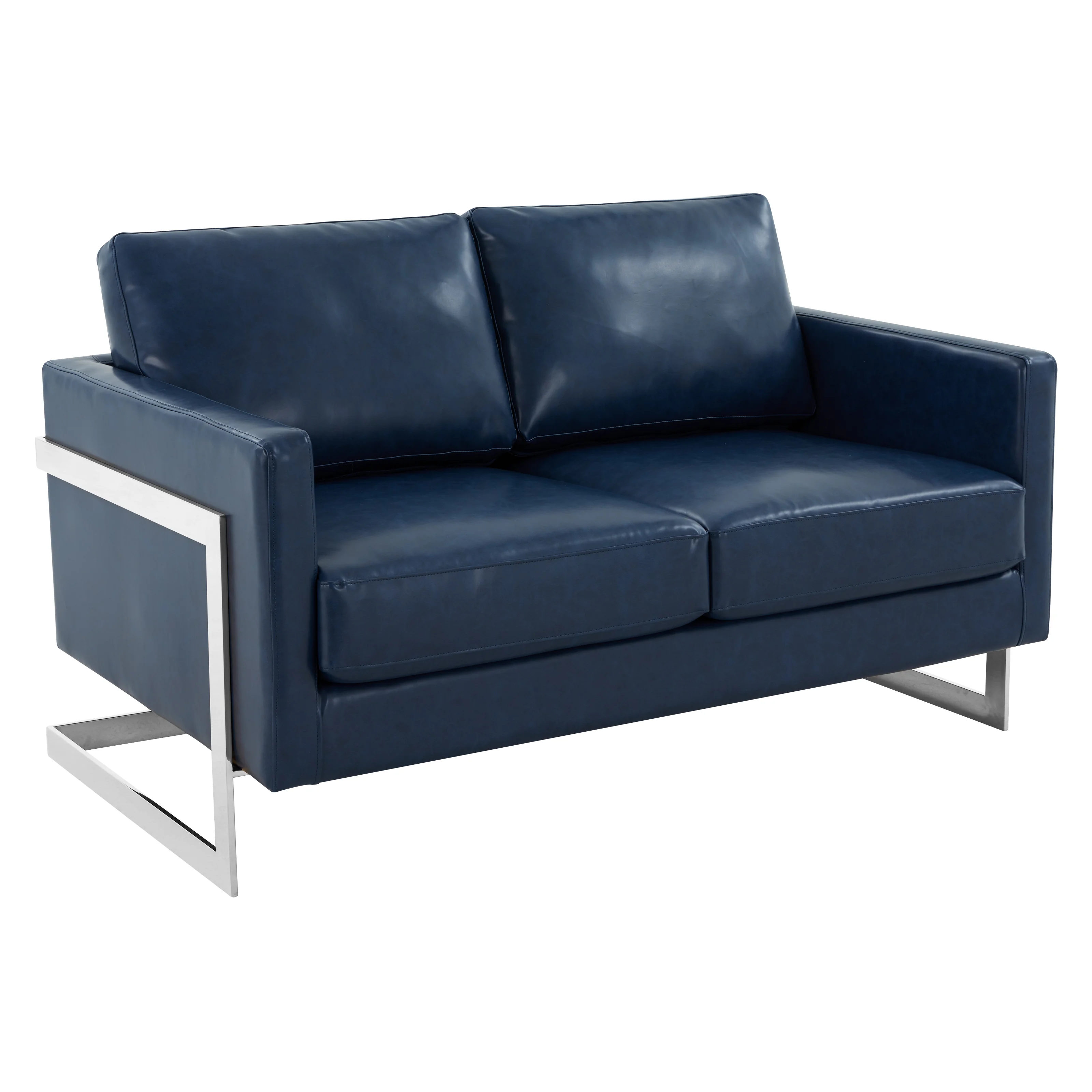 Lincoln Blue Leather Loveseat With Chromed Frame