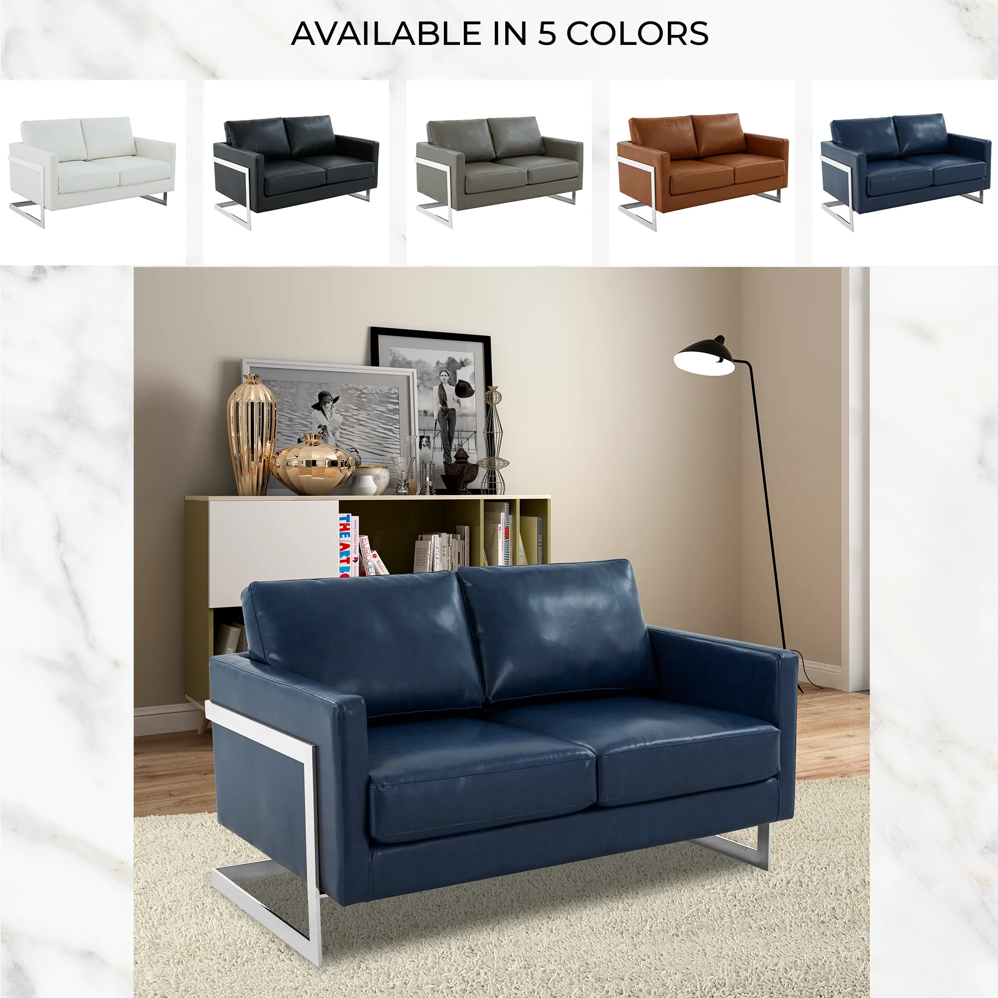 Lincoln Blue Leather Loveseat With Chromed Frame