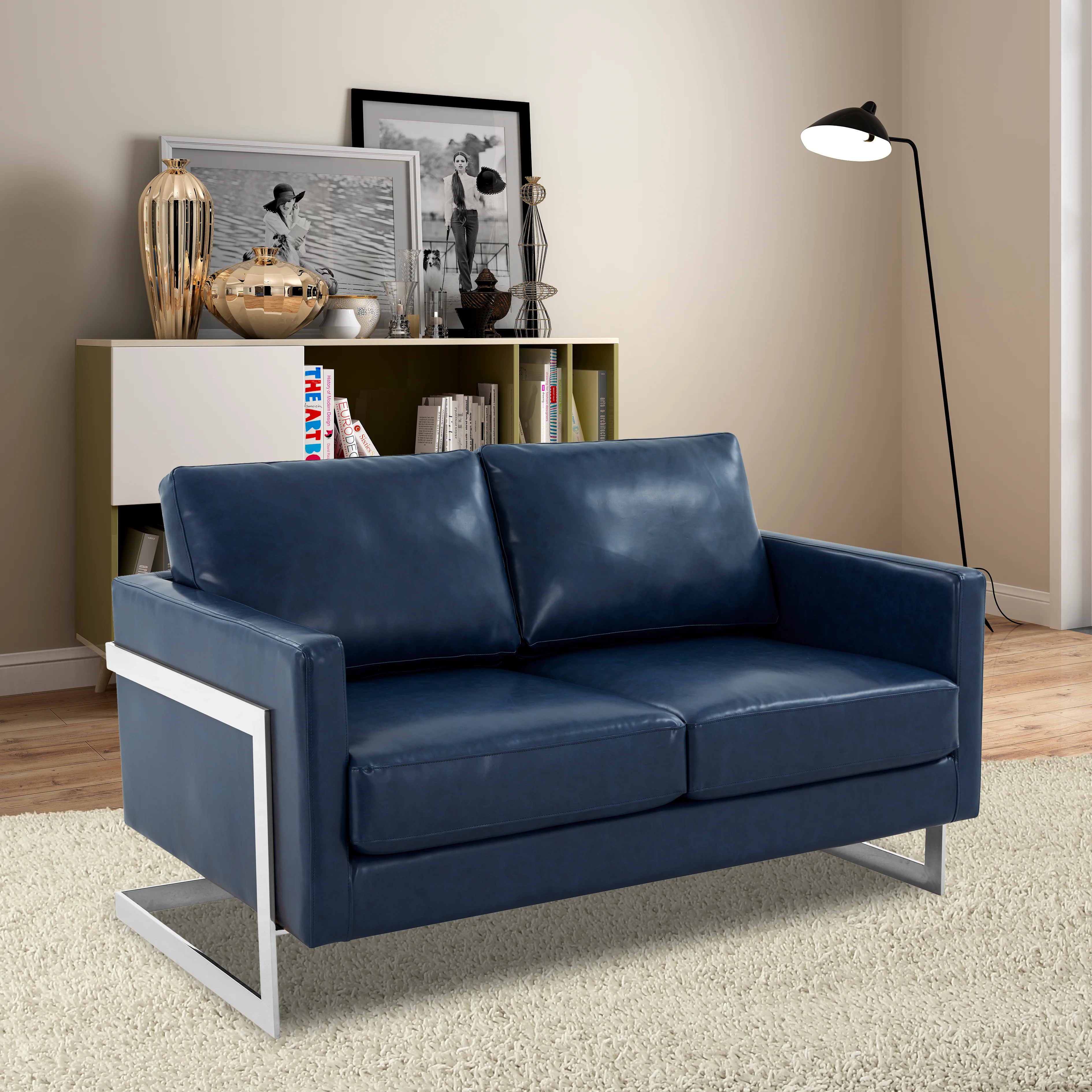 Lincoln Blue Leather Loveseat With Chromed Frame